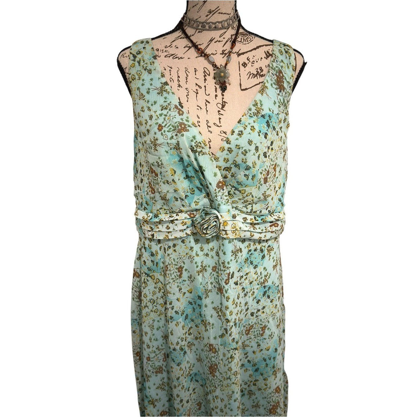 Vtg boho fairy Floral blue green pleated waist Midi Double Ruffle dress
