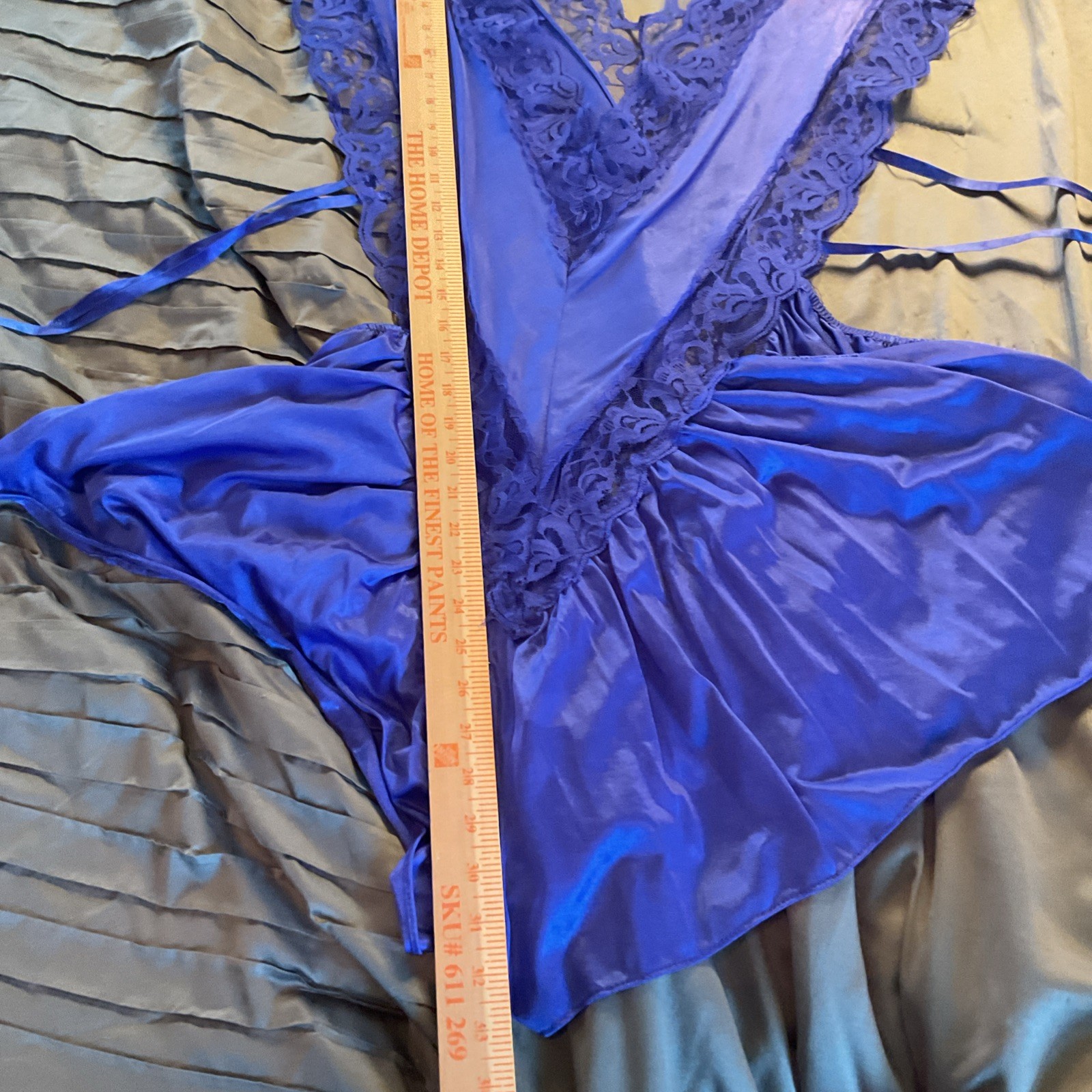 Vtg Blue Teddy Romper Lingerie Nylon Lace Trim V-neck Plus Size XXL Made In USA