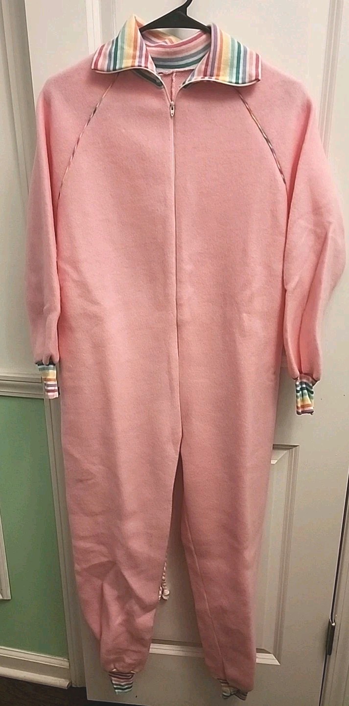 Vintage Sears Loungewear Pajamas One Piece Pink Fleece Small Rainbow Trim New