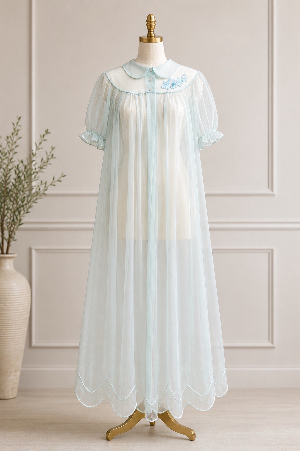 VTG Shadowline Blue Peignoir Robe M Sheer Nylon Bridal Coquette Cottagecore