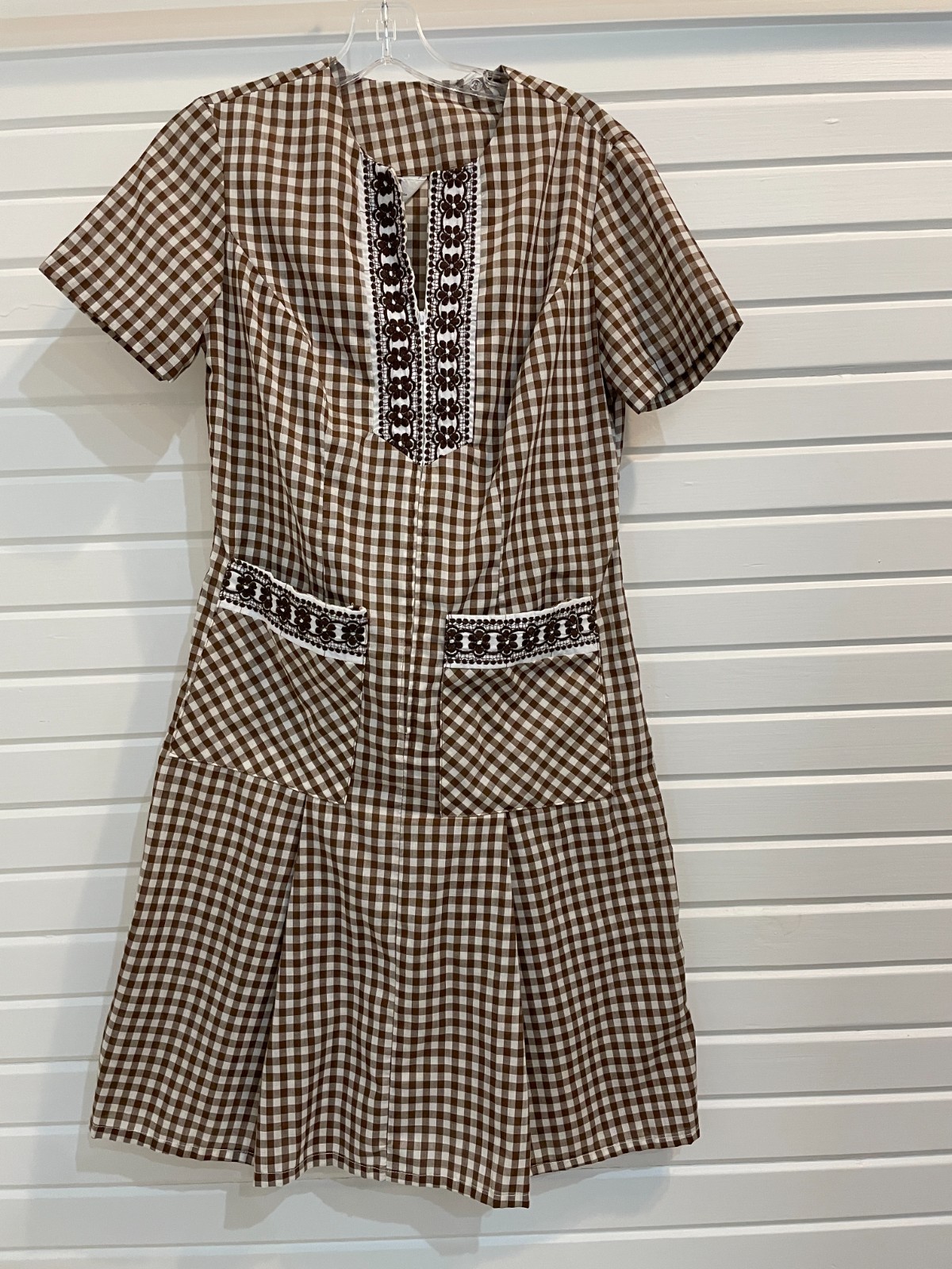 Vintage Brown White Gingham Dress Zip Up Embroidery Rockabilly Granny Core