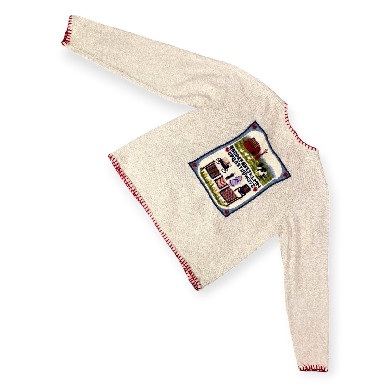 VTG SCHOOL FARM HOUSE SWEATER KNIT TEACHER COW WOOL CARDIGAN QUILTED CAR BARN
