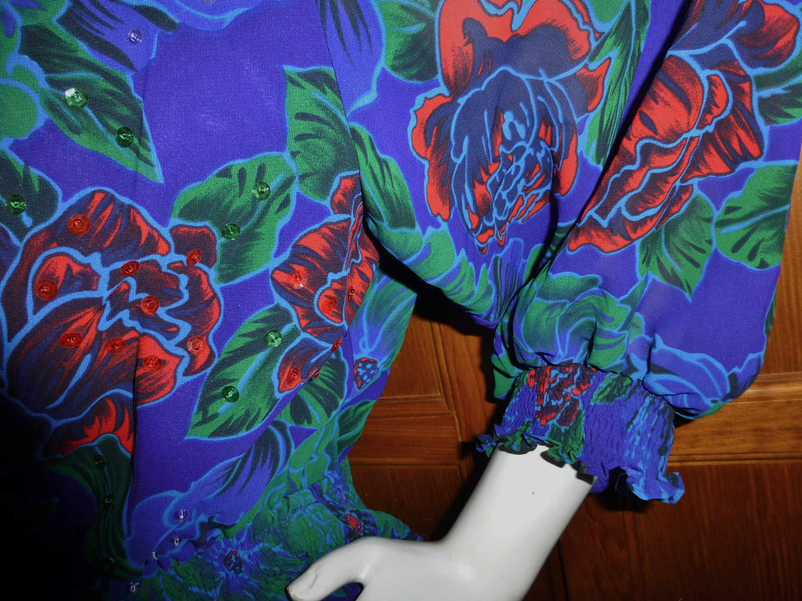 Vtg 80s Floral Georgette Freis Style Sequins Ruffles Boho Hippie GIPSY DRESS XL