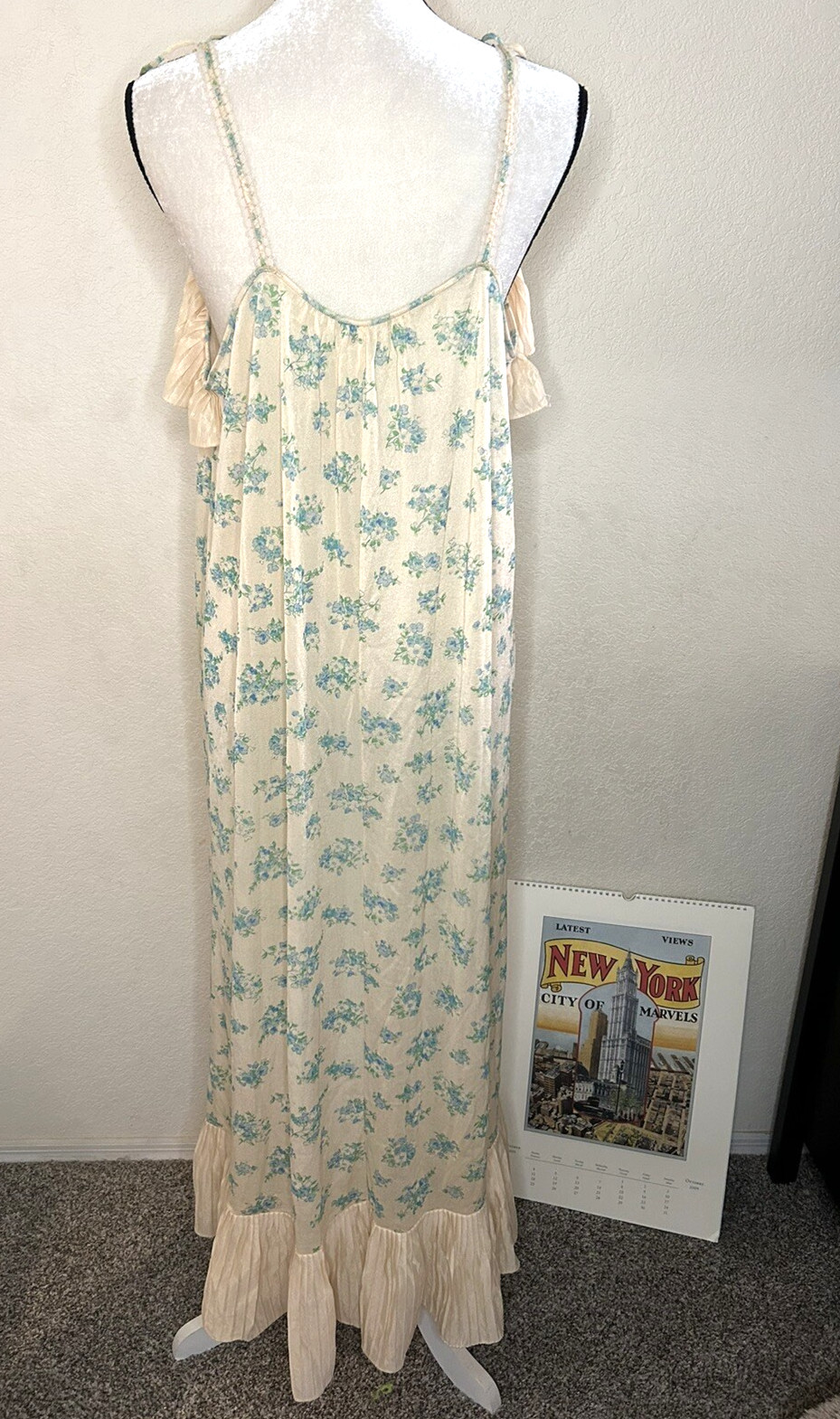Vintage Sears Long Nightgown Nylon Floral Ruffle Lingerie Sz L 38 40 USA