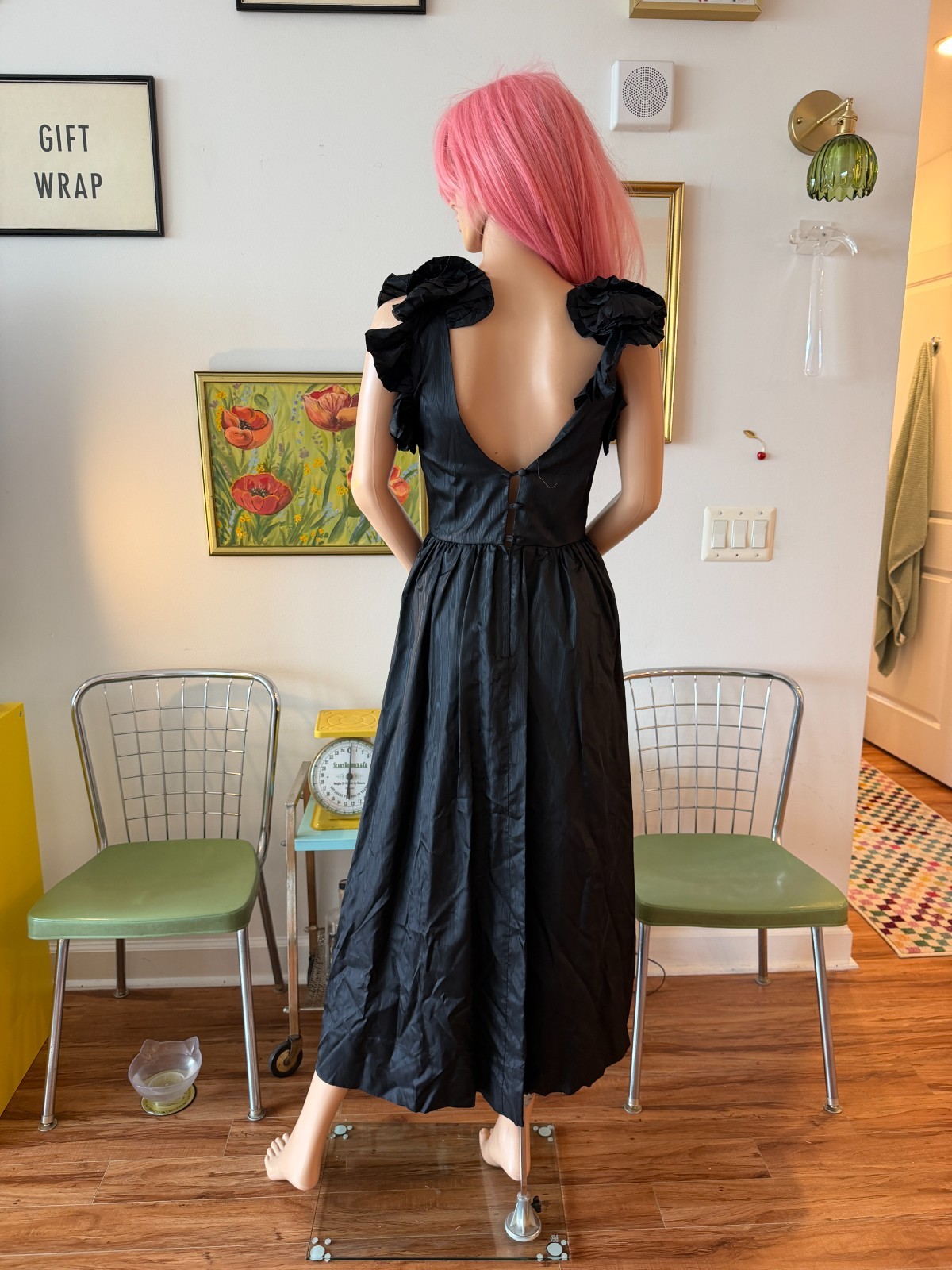 🦇 Vtg 80s Black Ruffle Shoulder Maxi Dress Goth Avant Garde Victorian Party S M