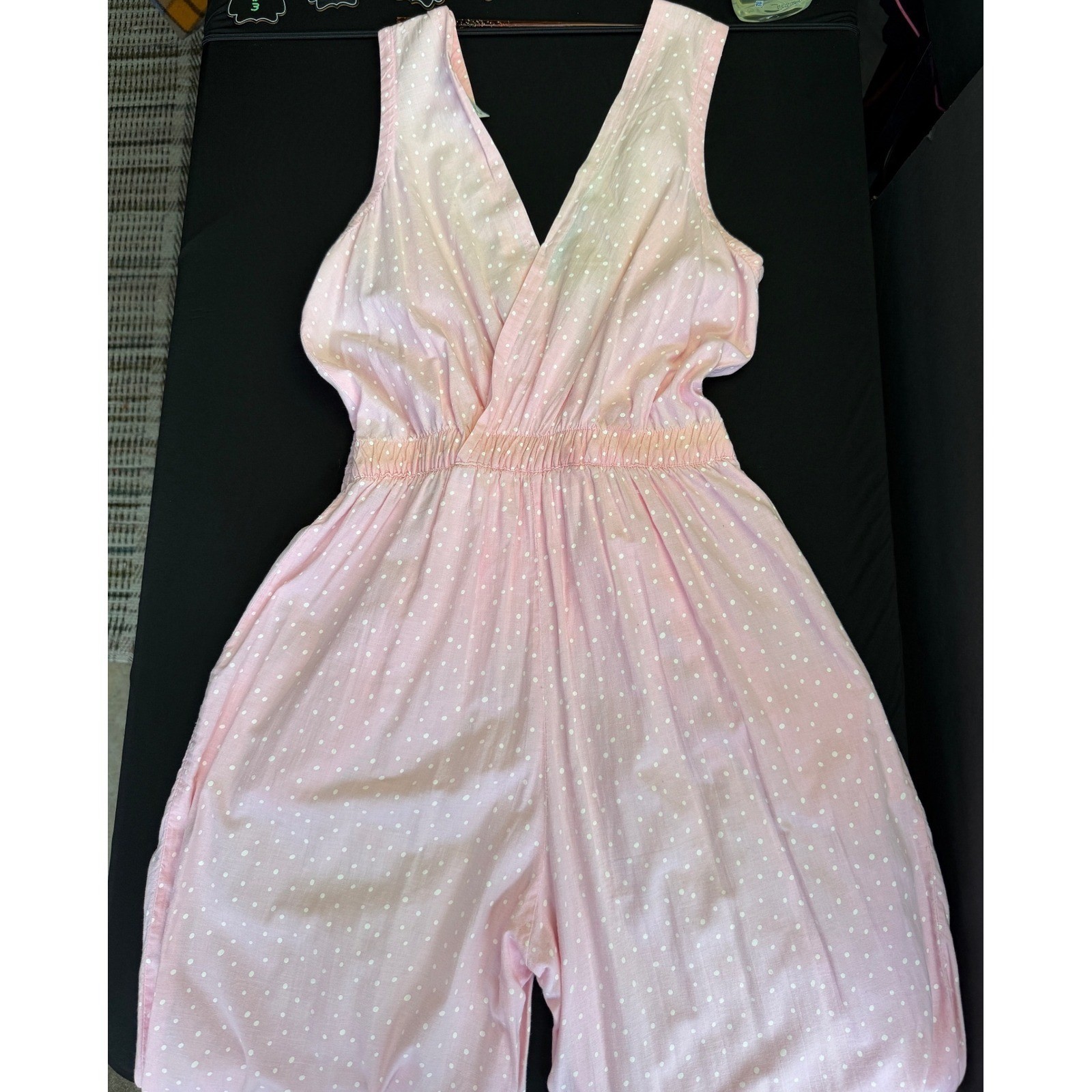 Benson E Smith Vintage 80s Pink Polka Dot Cotton Jumpsuit Size 13 Pockets Retro