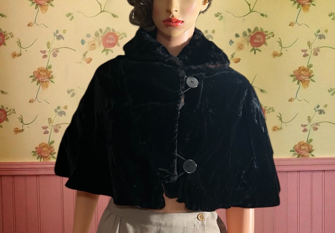 Vtg 40s 1950s Black Velvet Faux Fur Capelet Stole Mid Century Wrap Topper Read