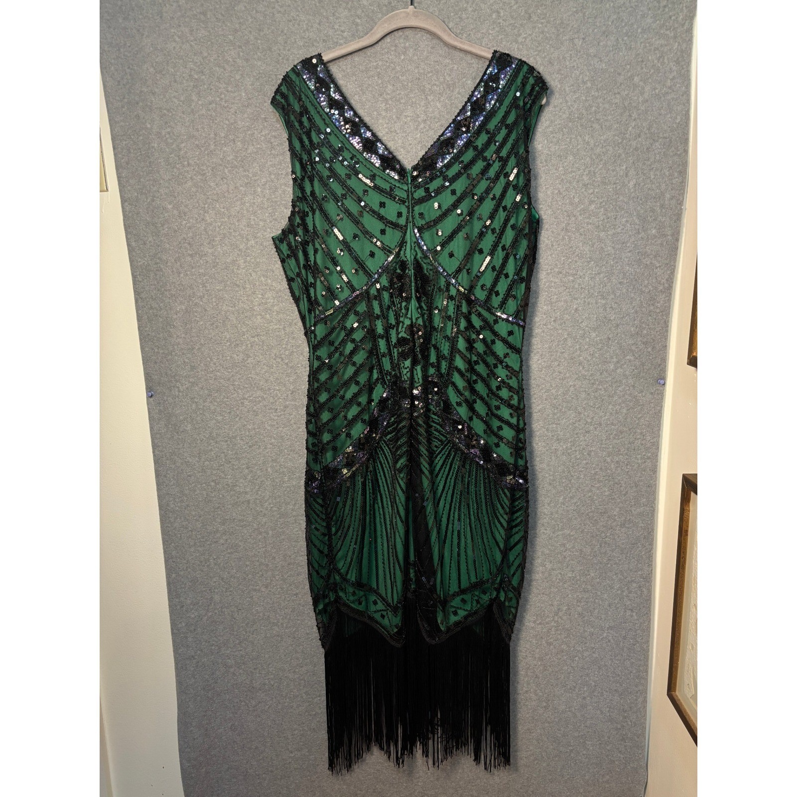 BABEYOND Green Black Sequin Fringe Flapper Dress Gatsby Art Deco 1920s NWT 2XL