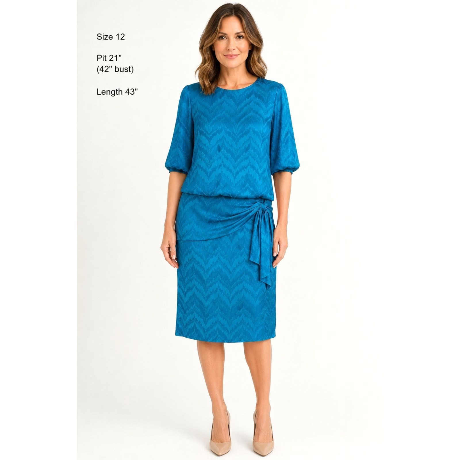 Vintage Argenti Pure Silk Teal Jacquard Dress Ruched Side Knot Size 12 43&Prime; Midi