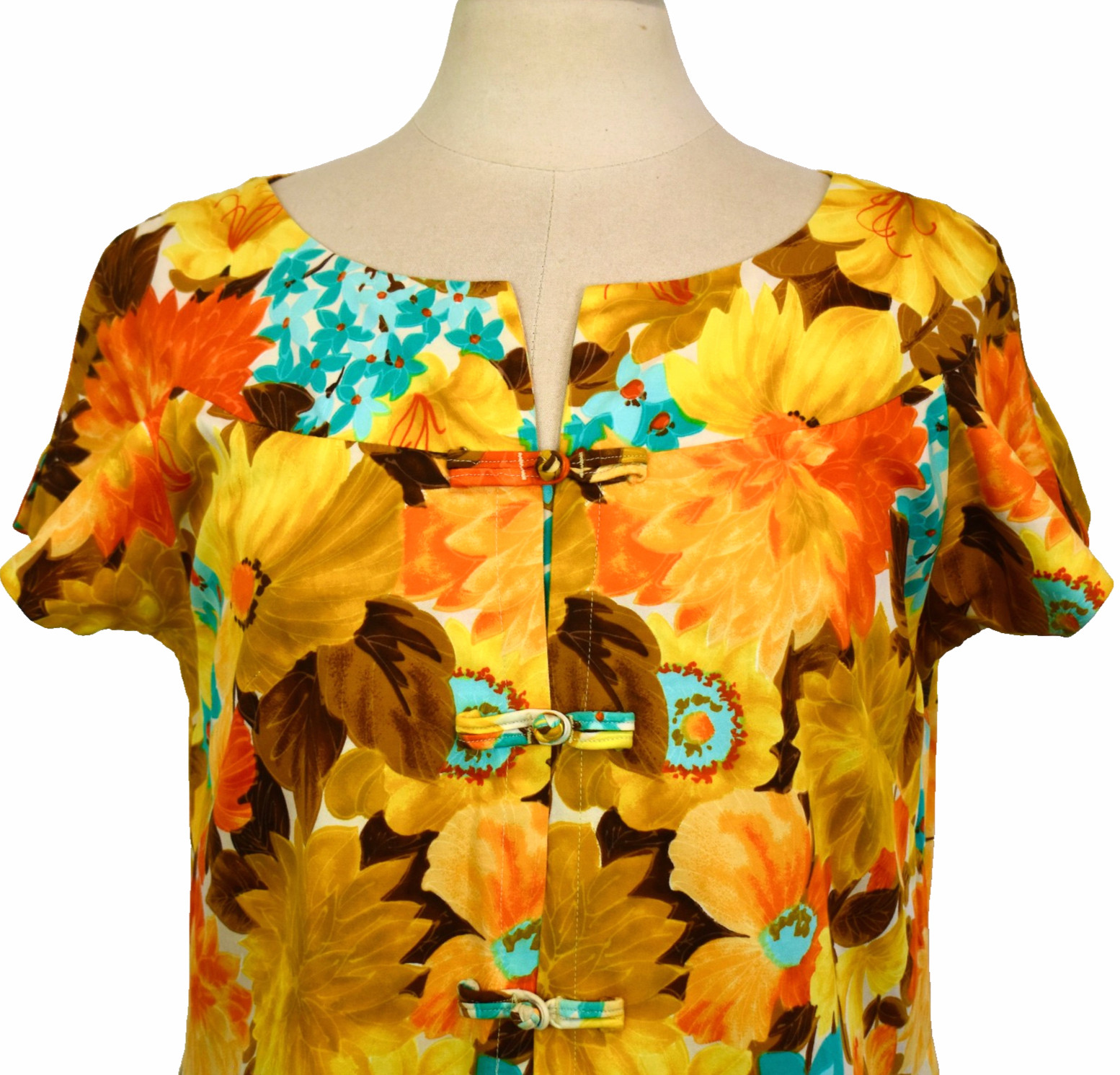 Vtg 60s HAWAIIAN TOGS Day Dress M-L Colorful Orange Teal Floral