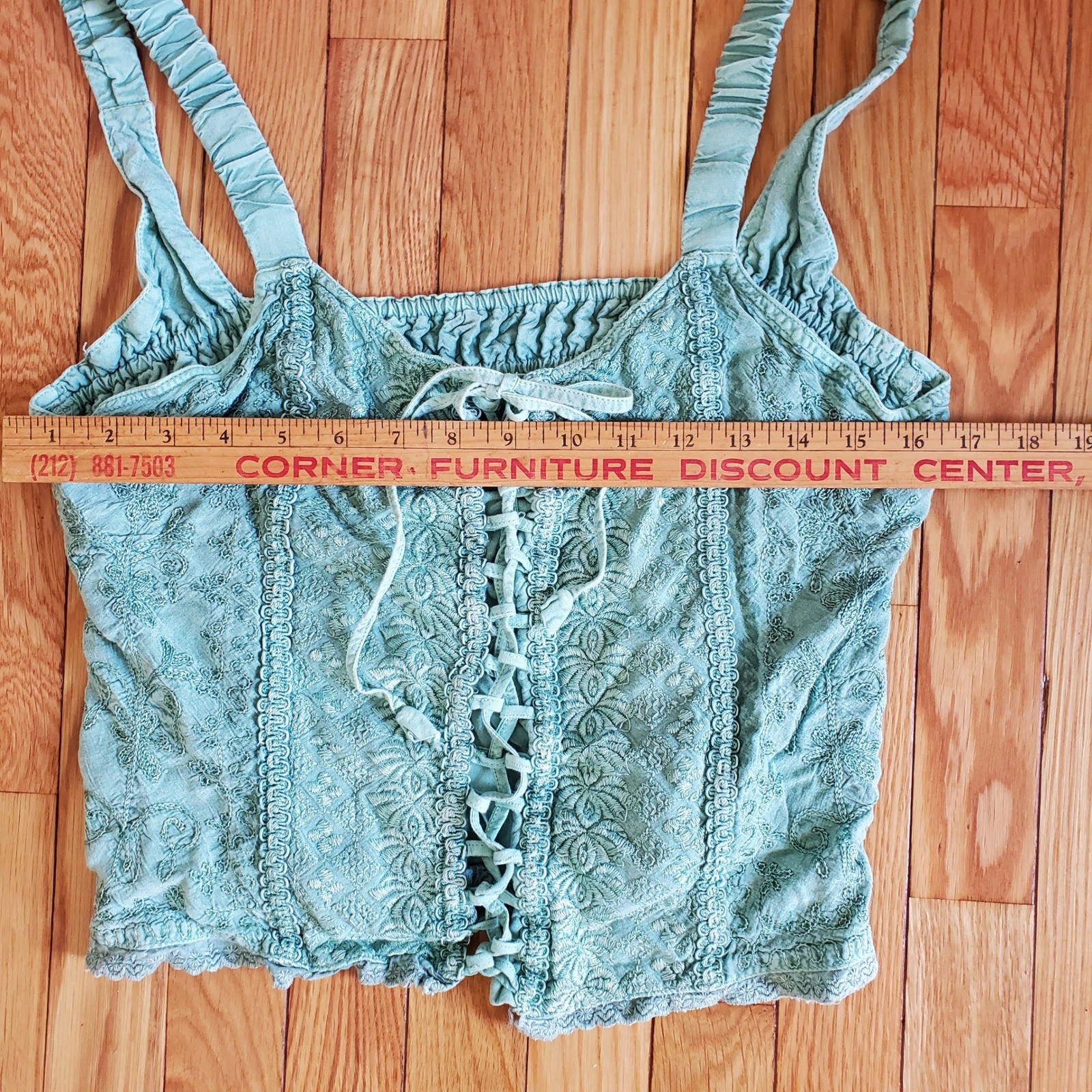 Vintage Y2K Boho Sage Green Embroidered Lace Up Cami Corset Top Free Size Hippie