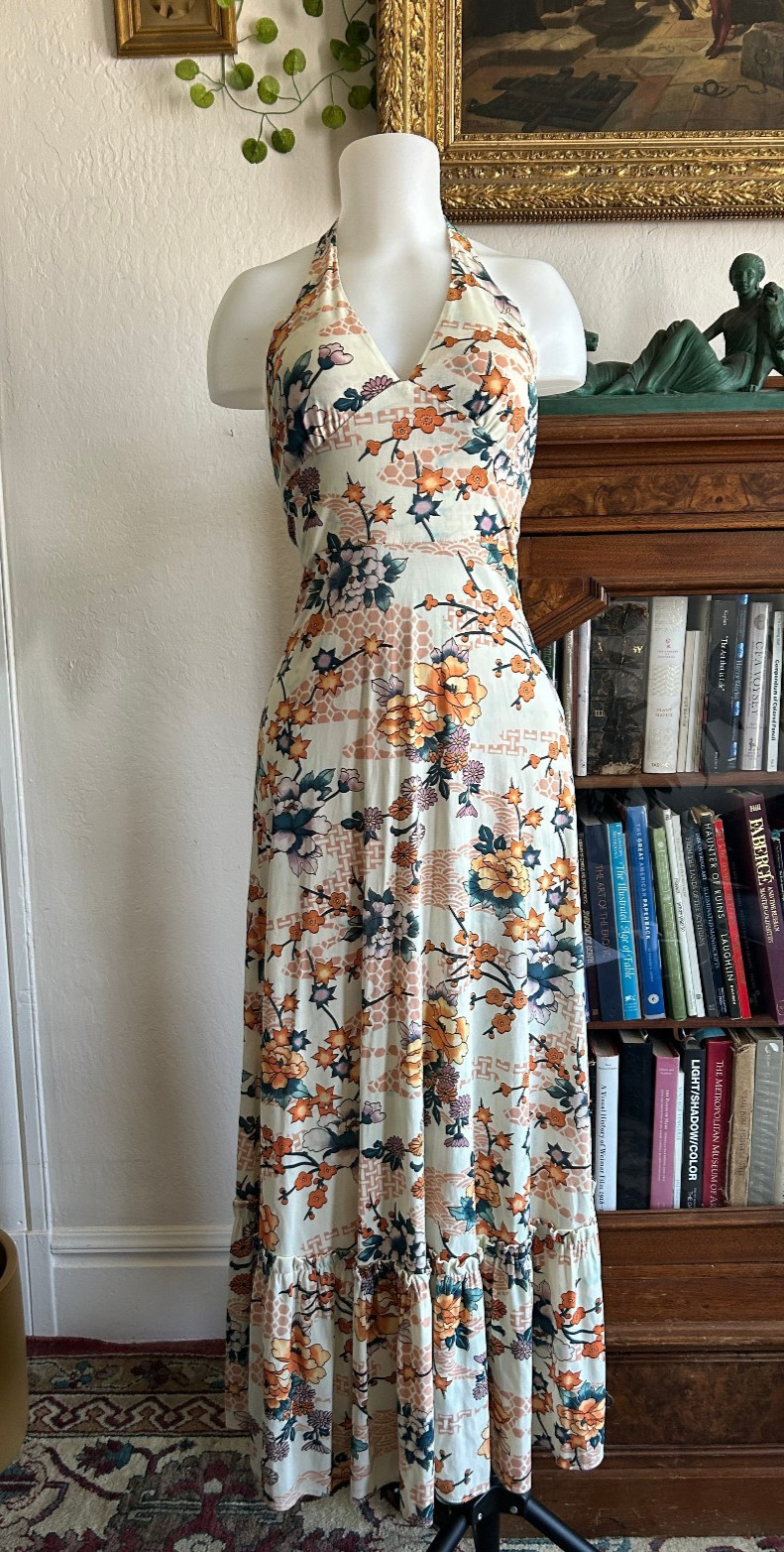 Vintage 1970s Halter Maxi Dress Handmade Floral Tie Back Dress Boho Ruffle 28W