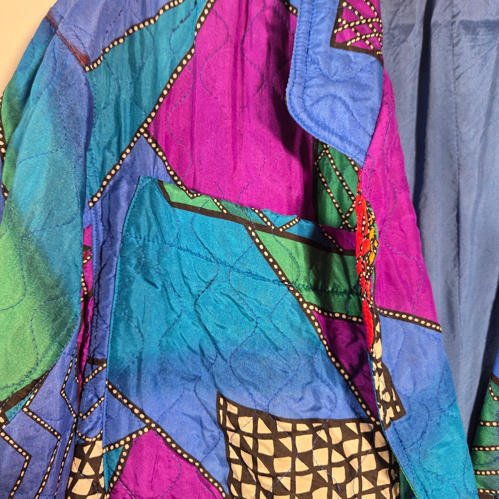 Neiman Marcus Vintage 80s 100% Silk Quilted Jacket Art To Wear Color block Retro