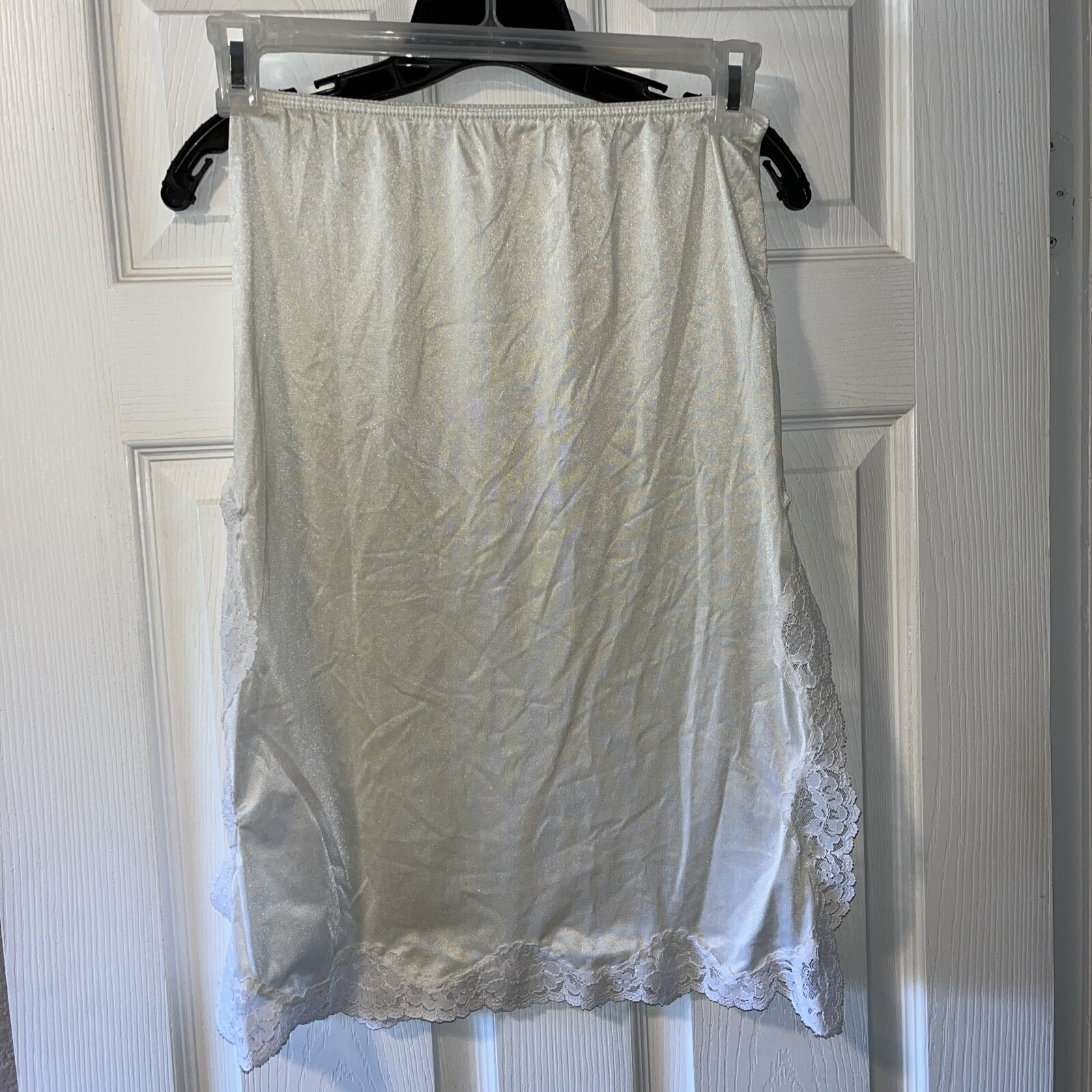 Vintage Slip Skirt Womens Medium Ivory Nylon Side Slit Lace Medium NO TAG 24” L