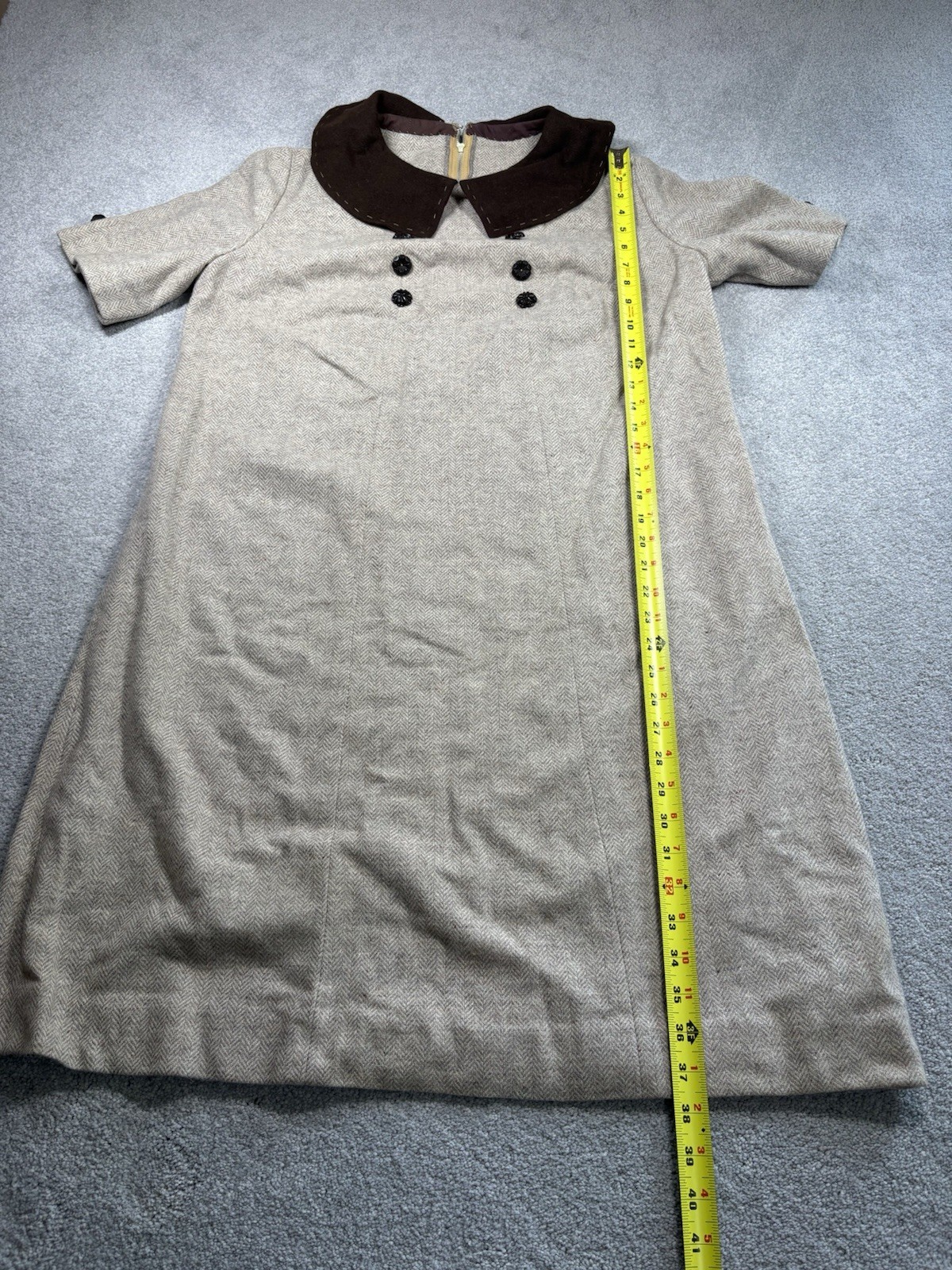 1950s Wool Shift Dress Herringbone Handmade Collared Short Sleeve Women’s L/ XL