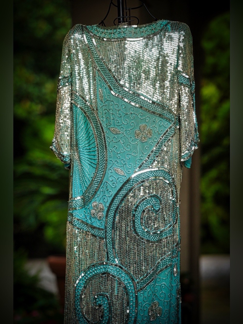 Vintage 1920s-Style Turquoise Silver Beaded Sequin Silk Gown