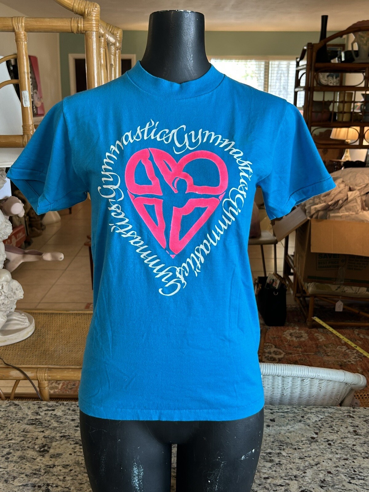 Vintage 1995 Blue Oneita Gymnastics Heart Graphic T-Shirt Small S Venice FL YMCA