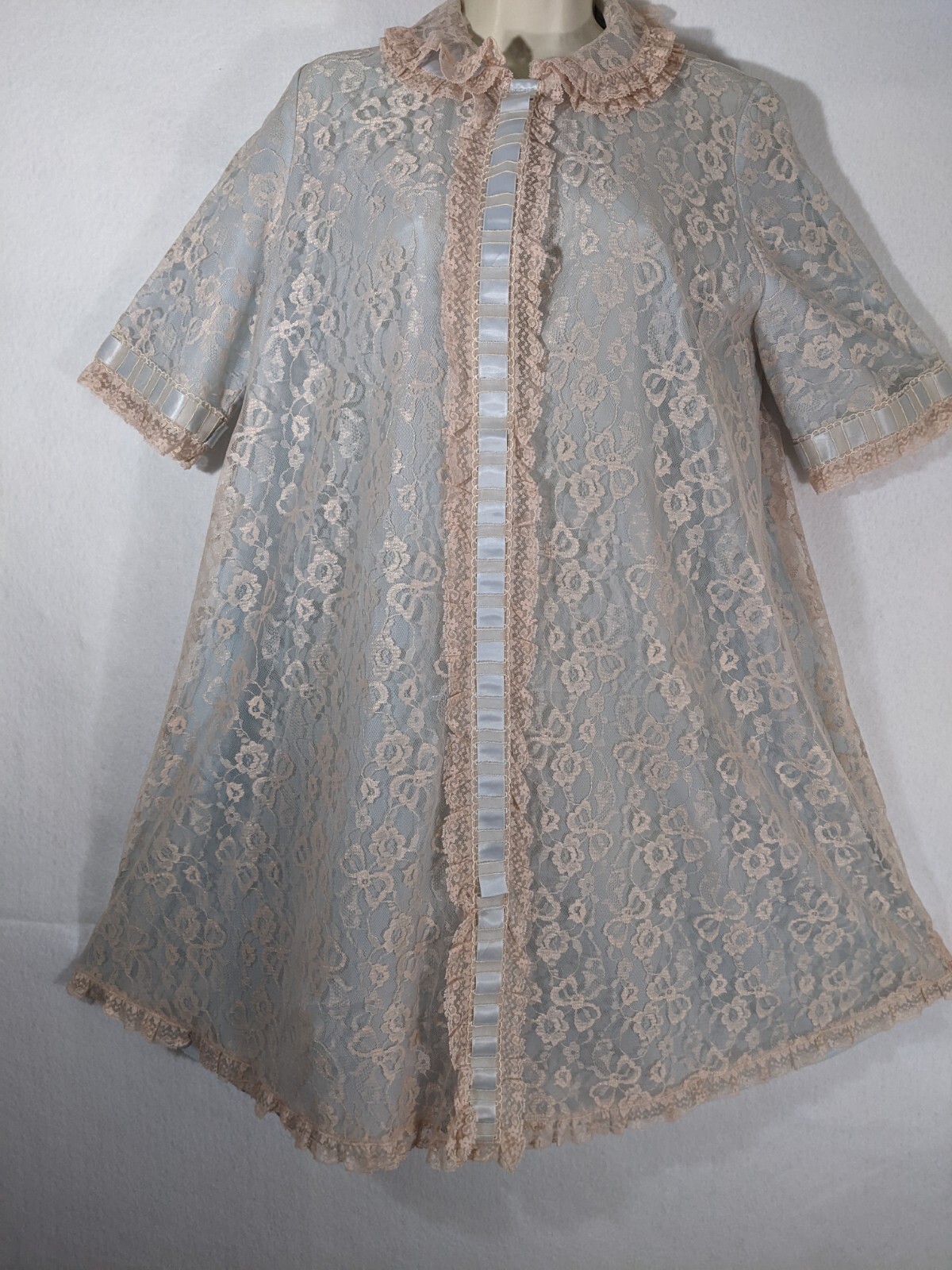 Vintage Odette Barsa Lace Overlay Lined Lingerie Pocket Dressing Robe M