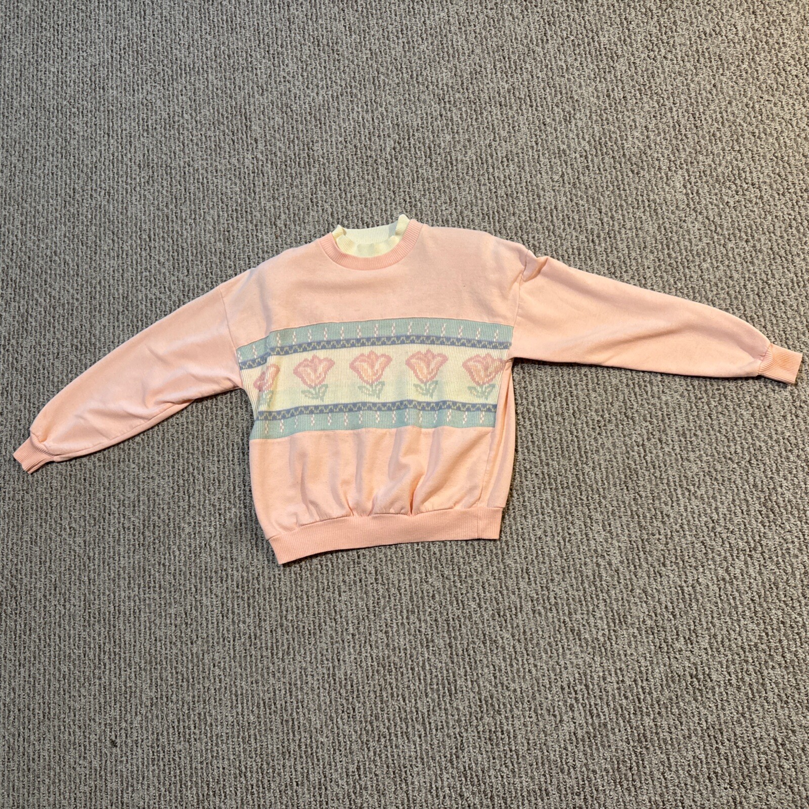 SIMPLY BASIC Vintage Pink Floral Shoulder Pad Sweatshirt Sz L USA Made