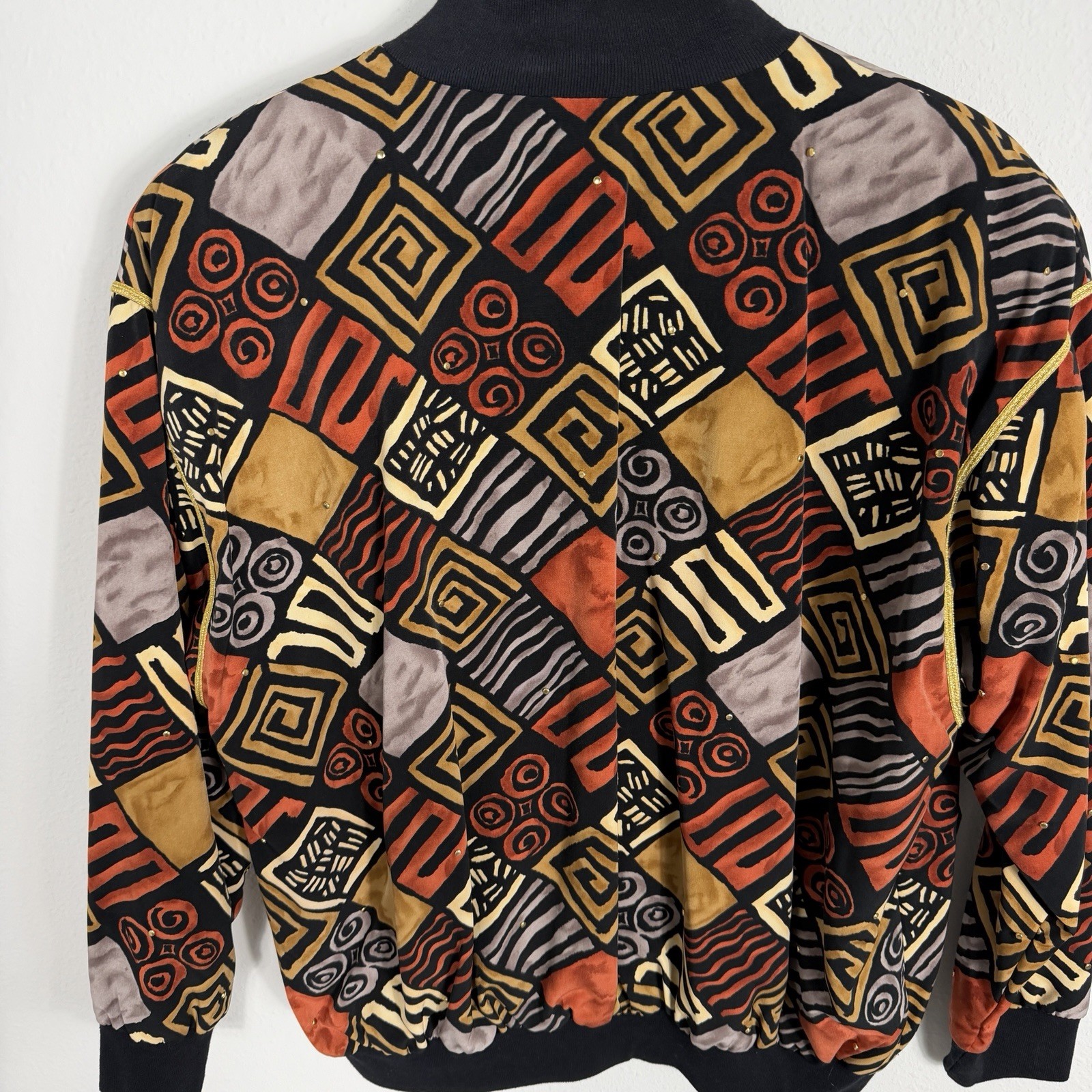 Vintage 90s Cache Geometric Abstract Artsy Gold Trim Bomber Jacket Women’s Large