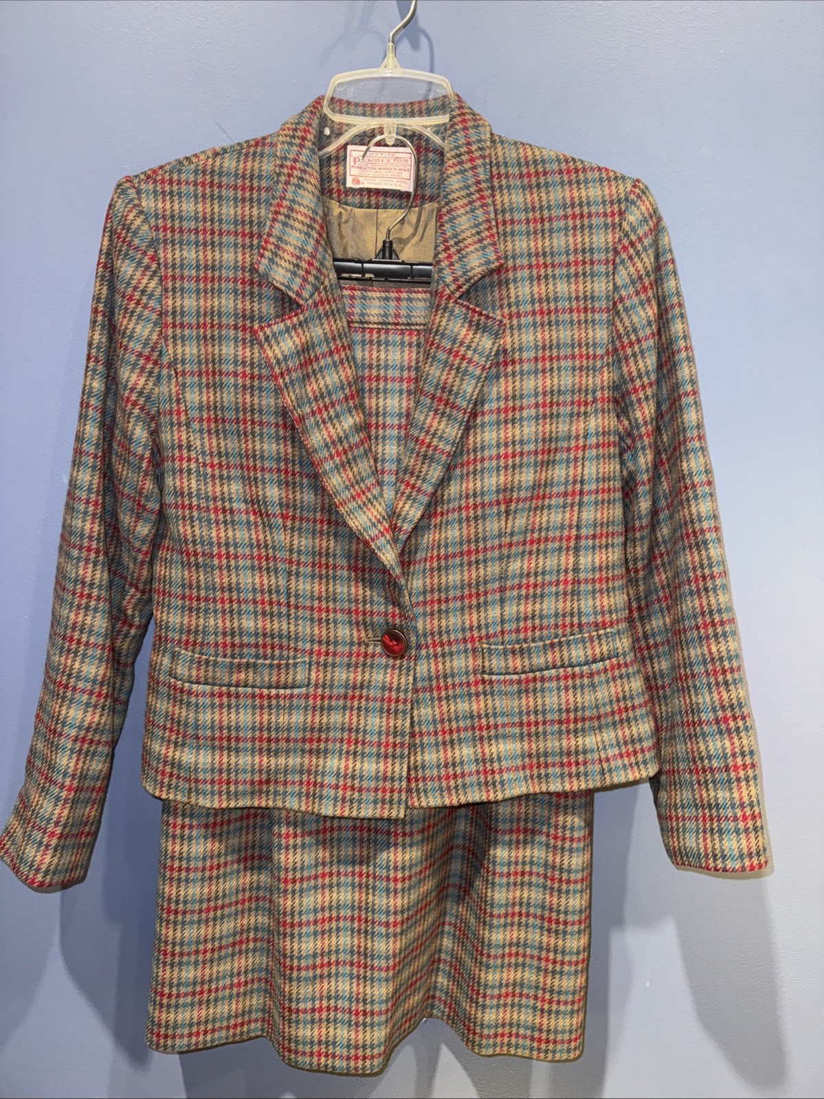 26” Waist Wool Skirt, & Jacket Suit Set 1960 Pendleton, Lined, Tan Red Plaid