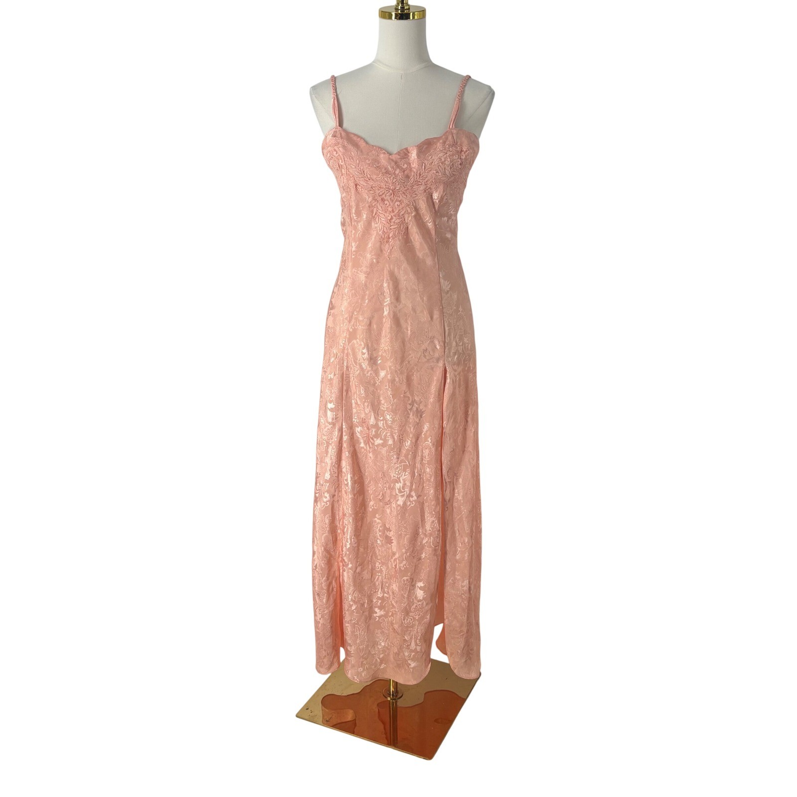 Vintage Victoria&rsquo;s Secret Gold Label Peach Pink Floral Satin Maxi Slip Dress L