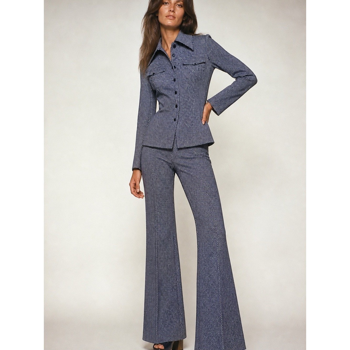 Vintage 70s Geometric Pant Suit Set High Waist Flare M