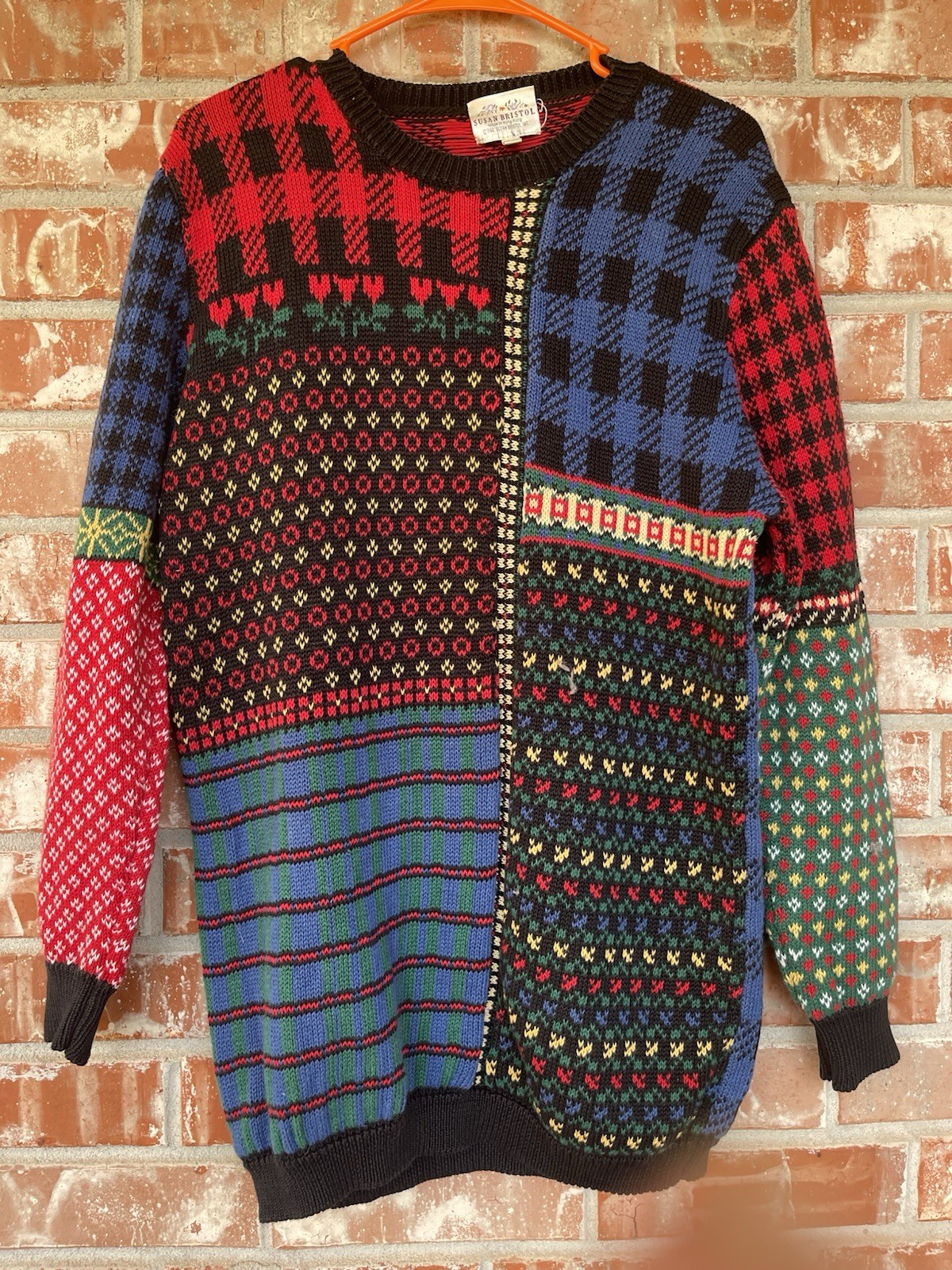 Vintage 1992 Susan Bristol M Tartan Plaid Sweater Patchwork Fall Colors