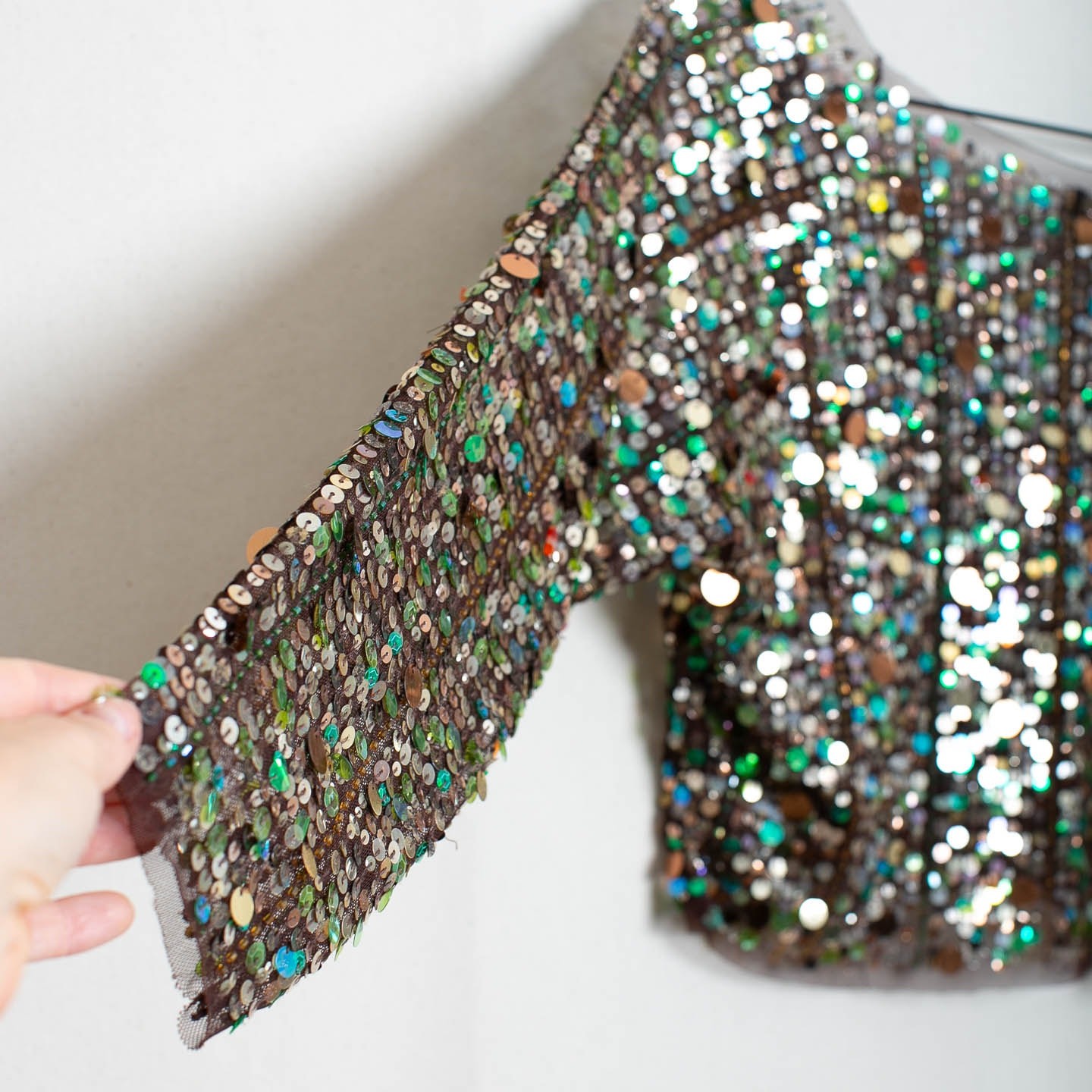 Vintage Sequin Crop Top Brown Mesh Green Silver Gold Scoop Neck Long Sleeve S/M