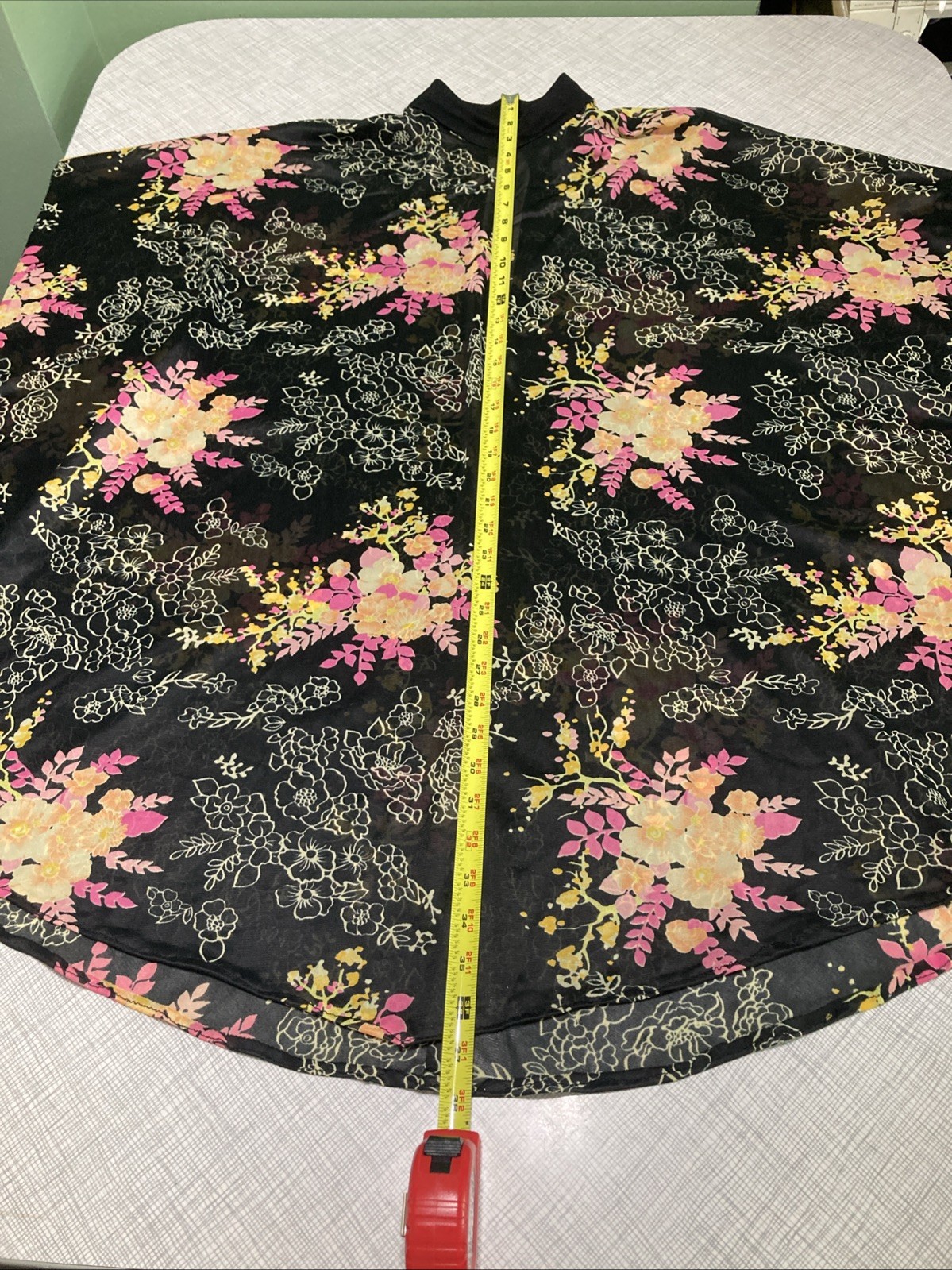Vtg 70s Floral Chiffon Poncho Sheer Mock Neck Boho Festival Cape Top XS S EUC