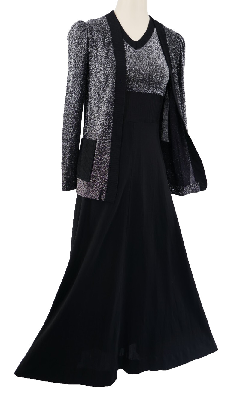 ViNTAGE 70s ATOMiC SiLVER METALLiC LUREX HiGH WAiST BLACK MAXi DRESS & JACKET S