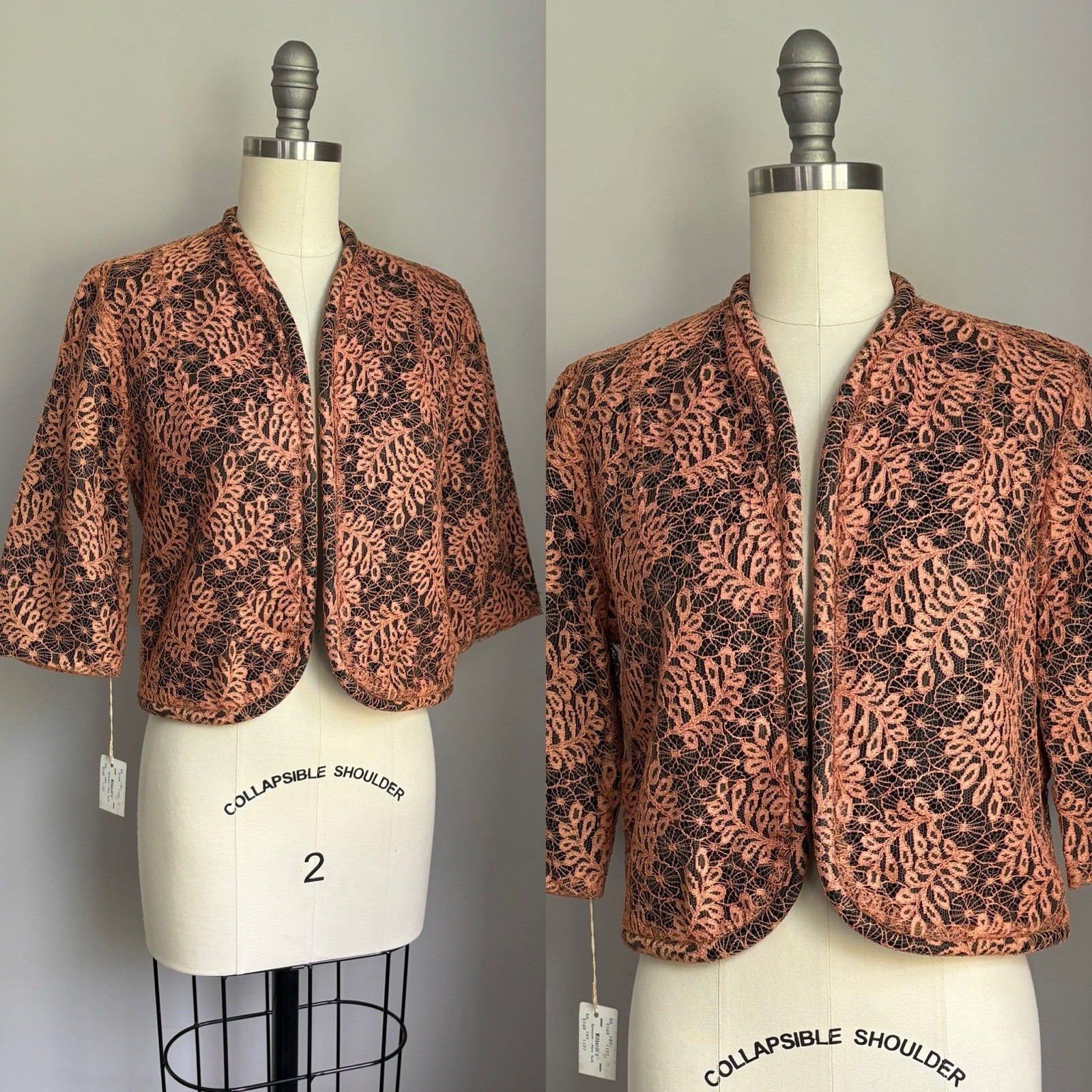 Vintage 50s Deadstock Copper color Spiderweb Lace Jet Black Cropped Jacket XS/S
