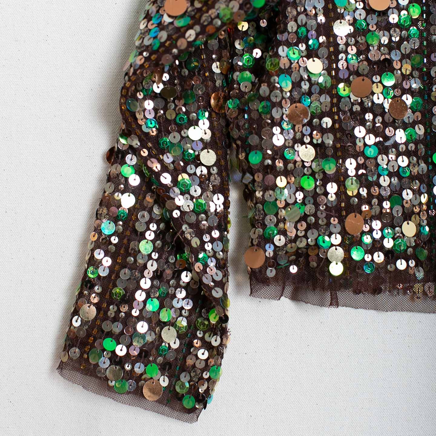 Vintage Sequin Crop Top Brown Mesh Green Silver Gold Scoop Neck Long Sleeve S/M