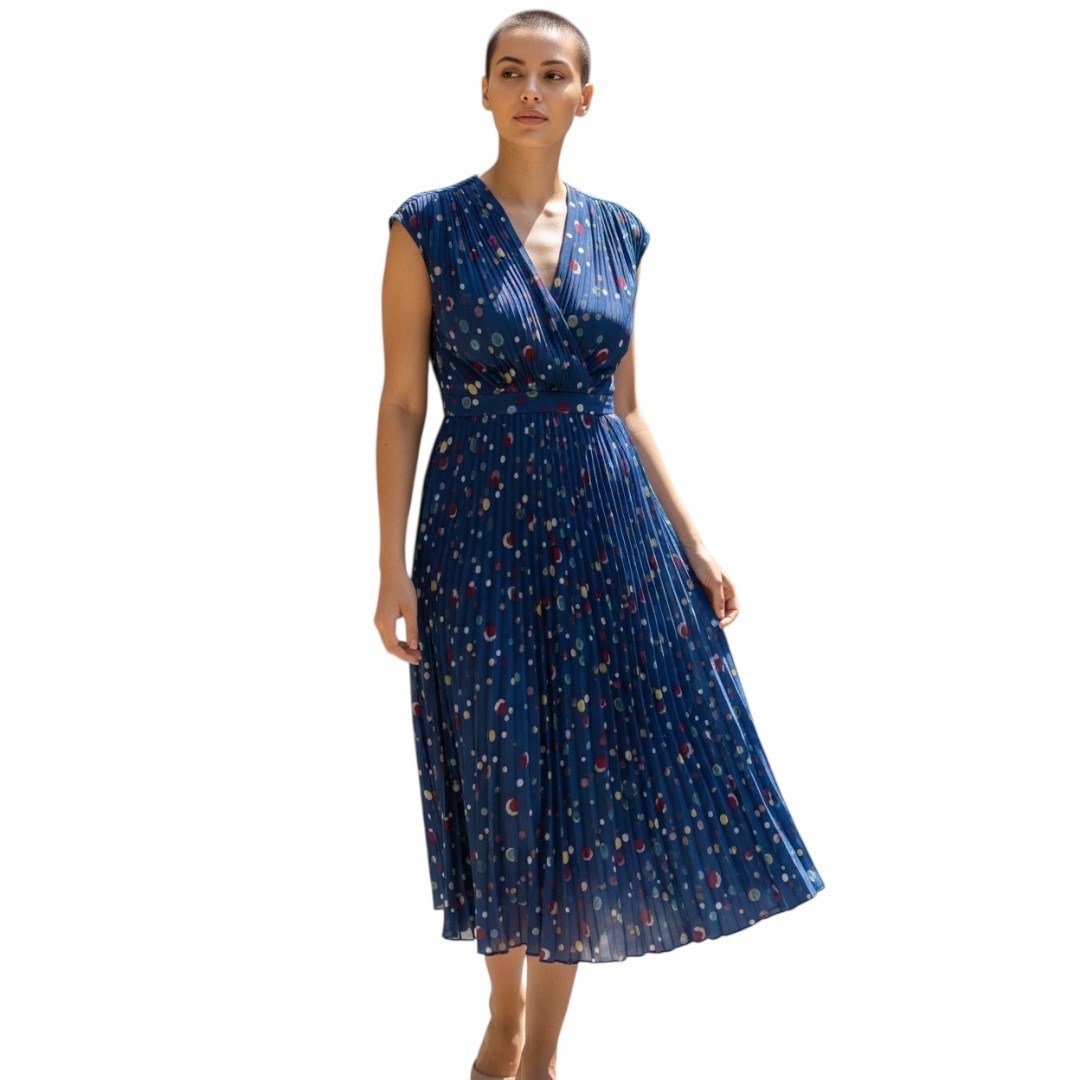 Vintage Jonathan Logan 1975s Paint Dot Print Crepe Blue MultiColor V Neck Dress
