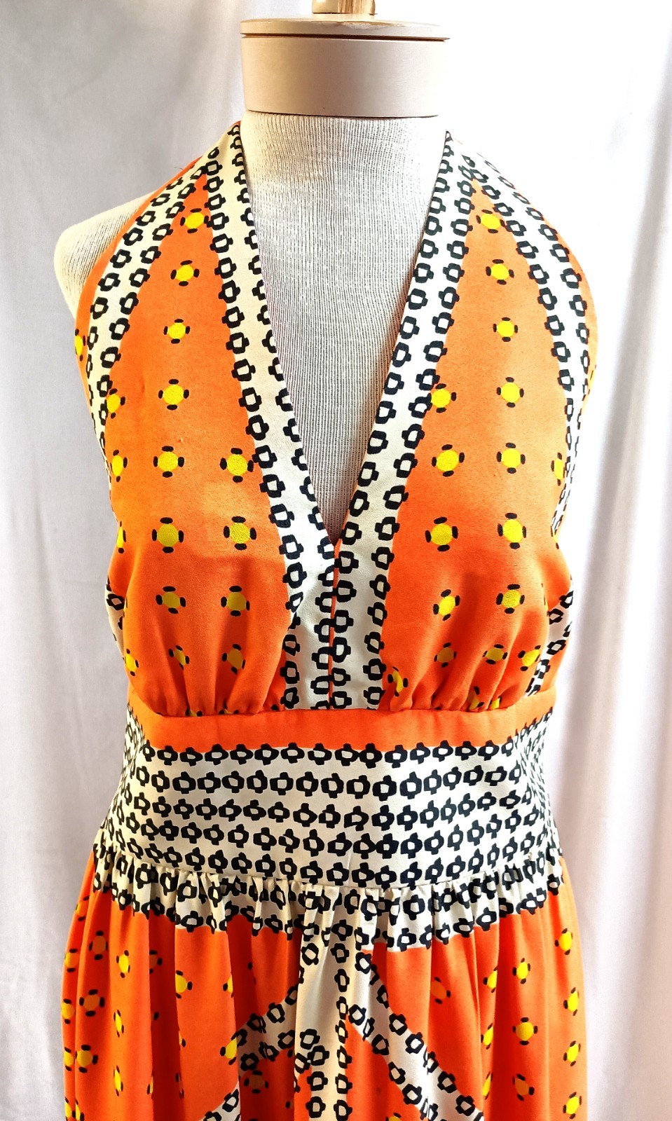 Vtg 60&rsquo;s- 70s Kiva Ltd Orange Multi Dot Print Halter Maxi Dress Vintage Size 14
