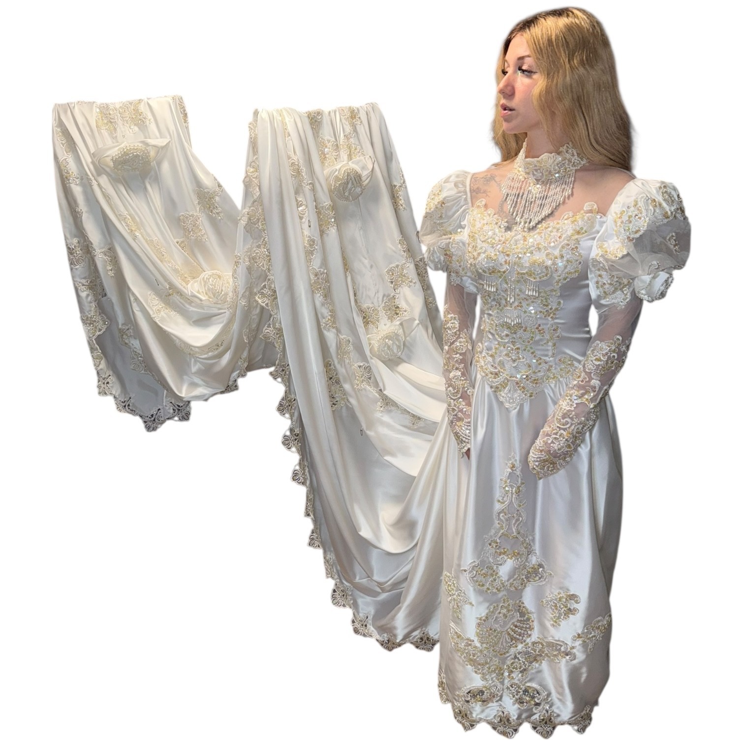 Alfred Angelo Pearl Beaded Satin w/Lace White Lng Sleeve Wedding Dress 12&prime; Train