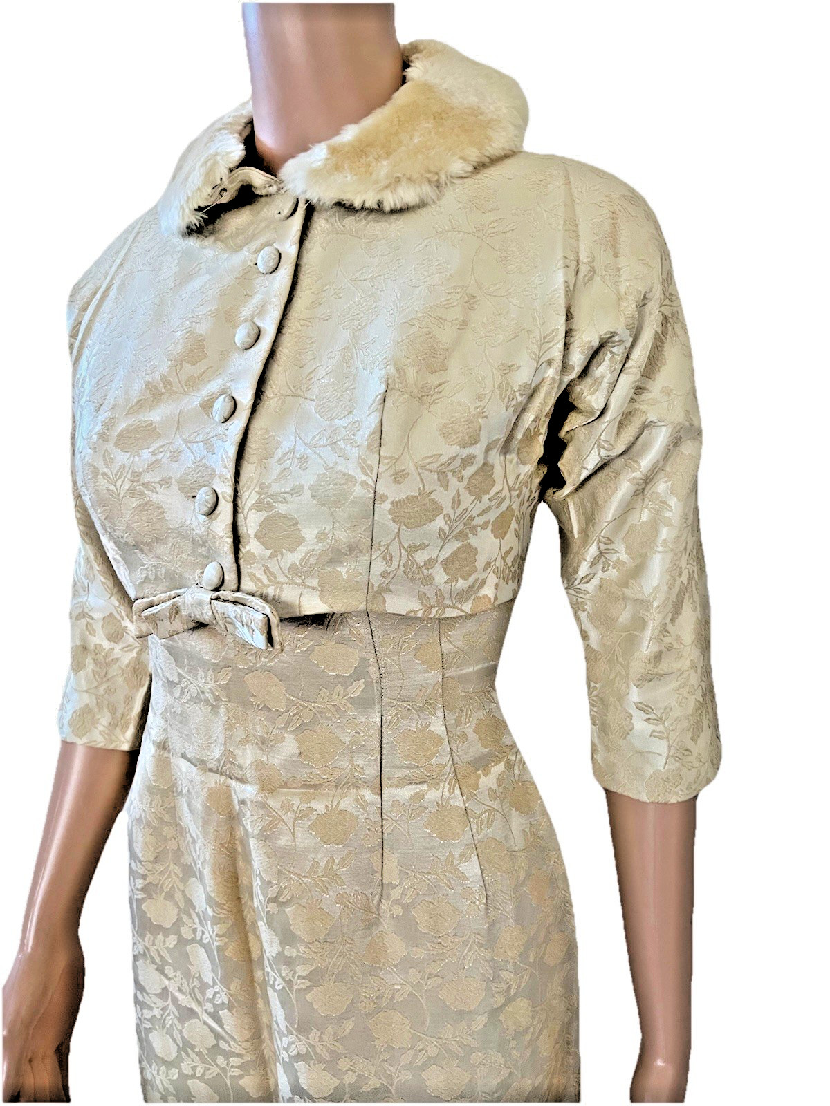 VTG 50s 2 Pc Fur Collar Crop Jacket & Ivory Damask Pencil Dress Suit Set Small**