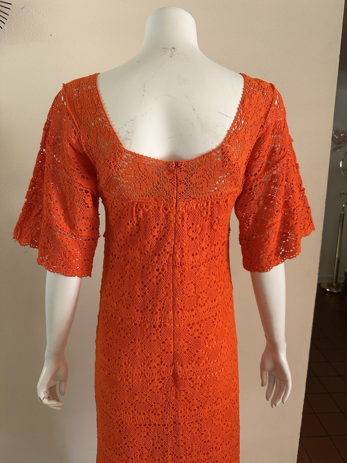 1970s Mexican Crochet Lace Maxi Dress Orange Cotton Boho Huipil XS S Vintage
