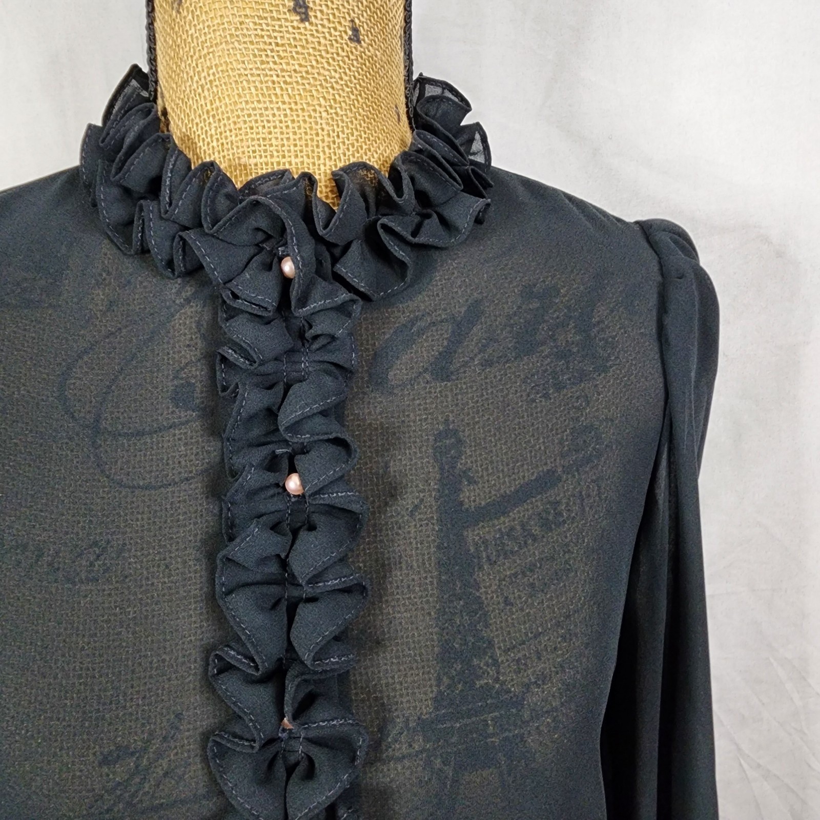 Vtg 70s JAMBOREE Size Small Couture Sheer Black Pearl Button Ruffle Neck Blouse