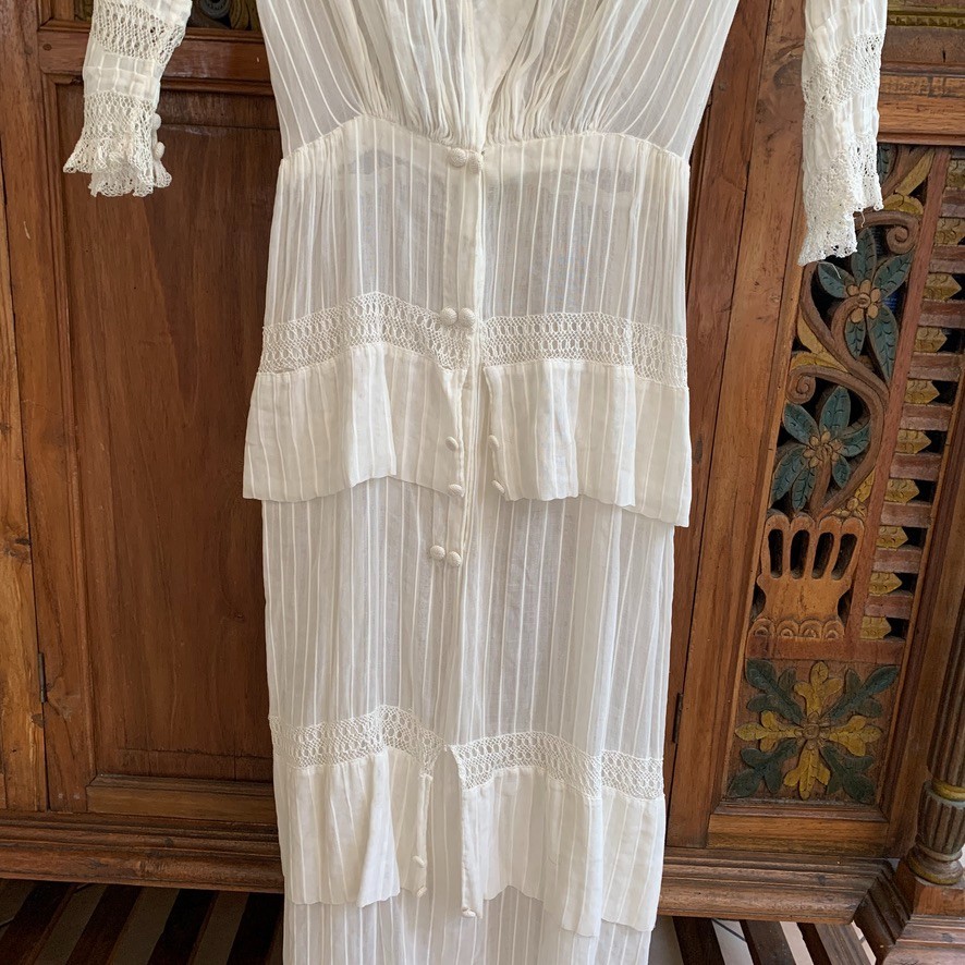 Antique Edwardian White Cotton Dress XXS Crochet Lace Lawn Tea Victorian Sheer