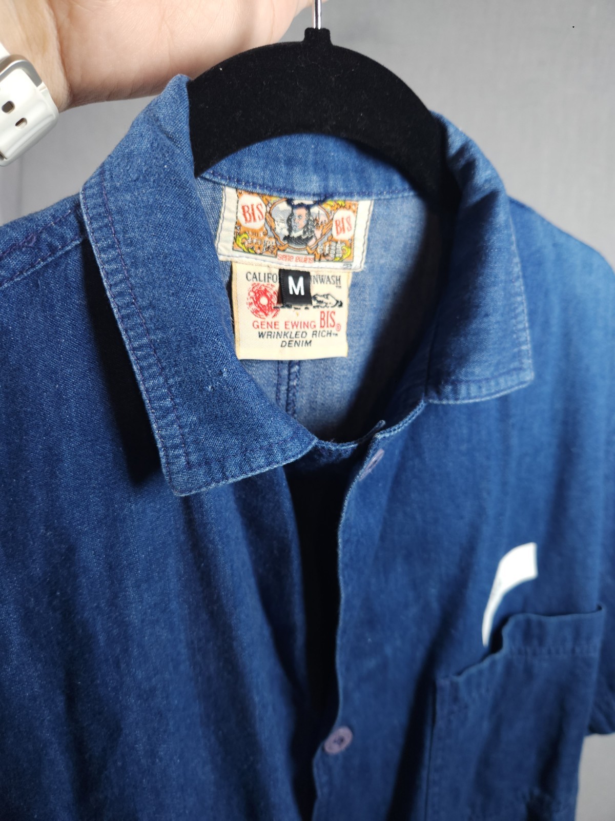 VTG Gene Ewing Bis Wrinkled Rich Dark Denim Solid Button Down M Pocket