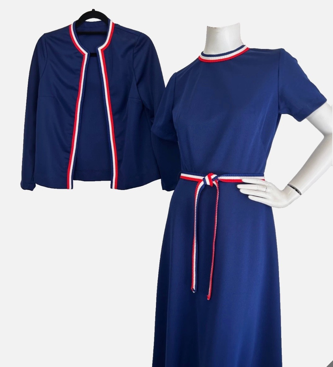 70s Maxi Dress w/Jacket Size Small Blue Red White Trim Belt Crew Short Sleeve
