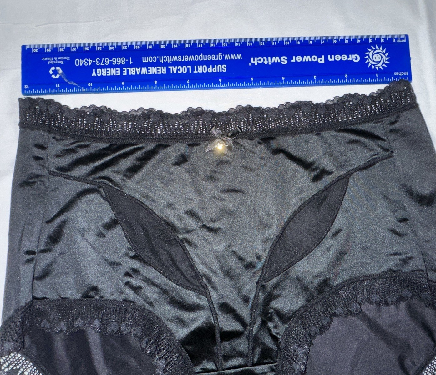 ~Shiny Large Black With Gem Nylon Lace Blended Panties W/Bow Cotton Gusset New