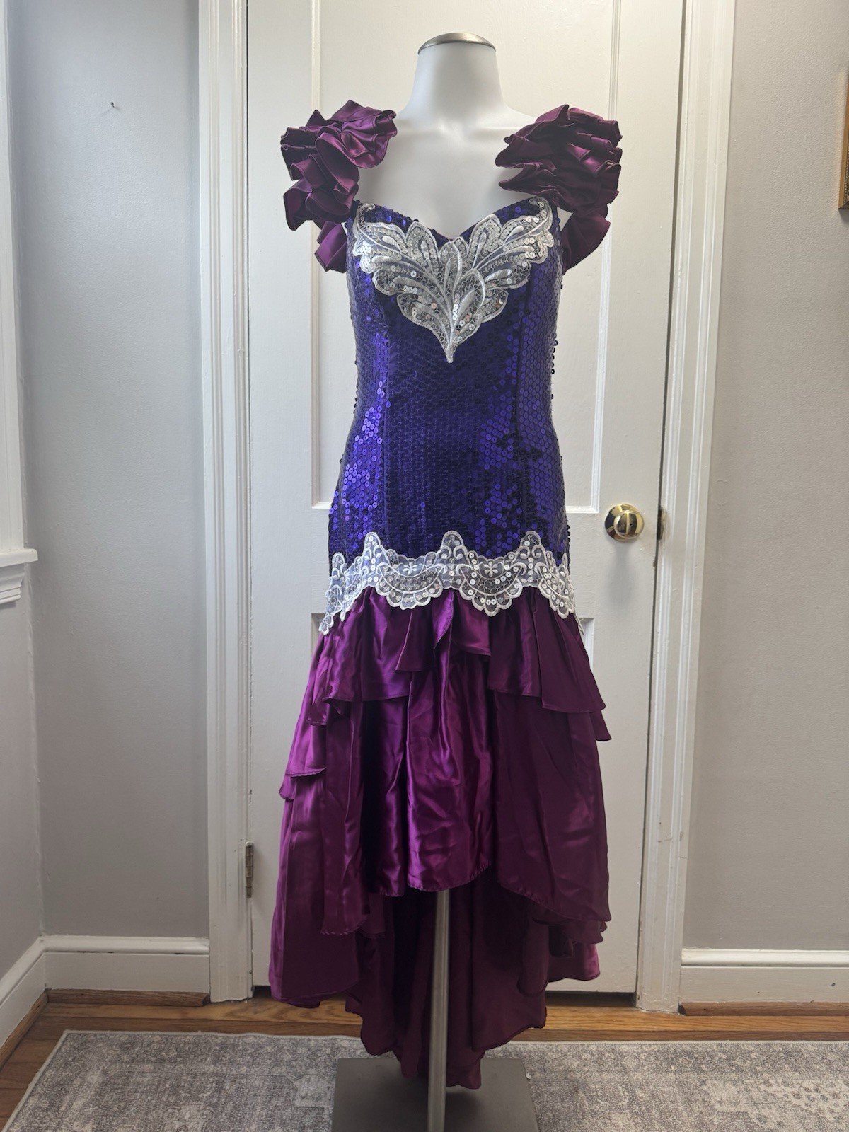 VTG 1980s Maximalist Purple Sequin Gown Ruffle High-Low Hem Party Dress S ILGWU