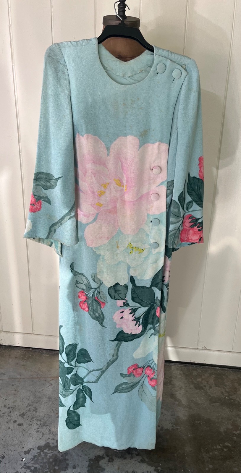 VINTAGE 1970s HANAE MORI JAPAN DESIGNER FLORAL DRESS MATACHING SHAWL SCARF AS IS
