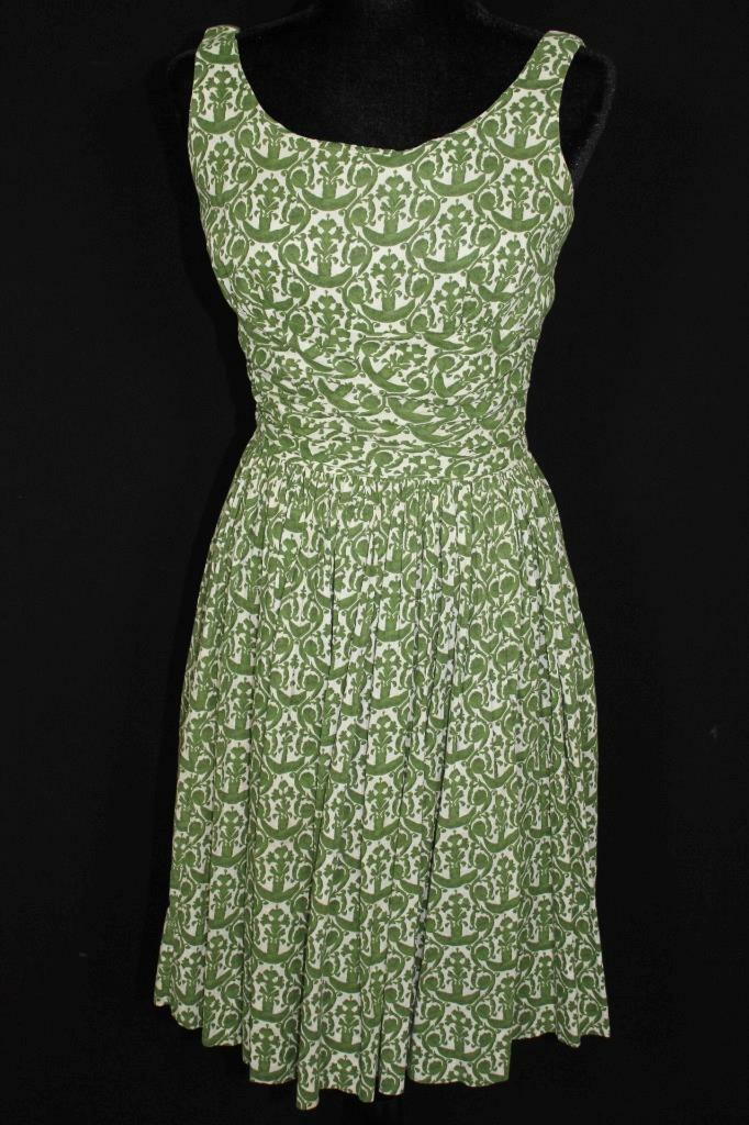 RARE VINTAGE 1950&rsquo;S GREEN & WHITE COTTON FANCY SUN DRESS SIZE 4-6 EX CONDITION