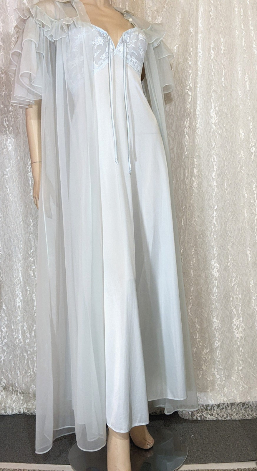 VTG LUXITE Sheer Chiffon Ruffles Peignoir Robe Lingerie Nightgown Blended Set M