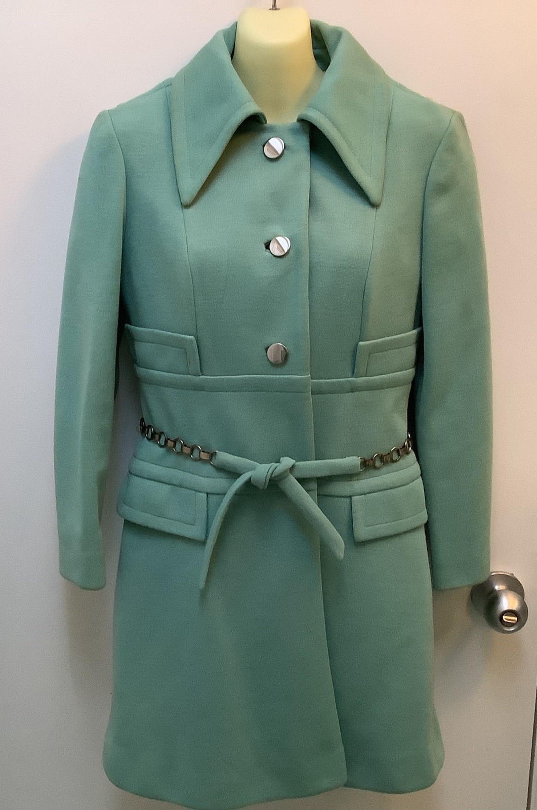 Vtg 60s 70 Mod 3 Piece Knit Pants belted Tunic top pants Coat Belt hipster Aqua
