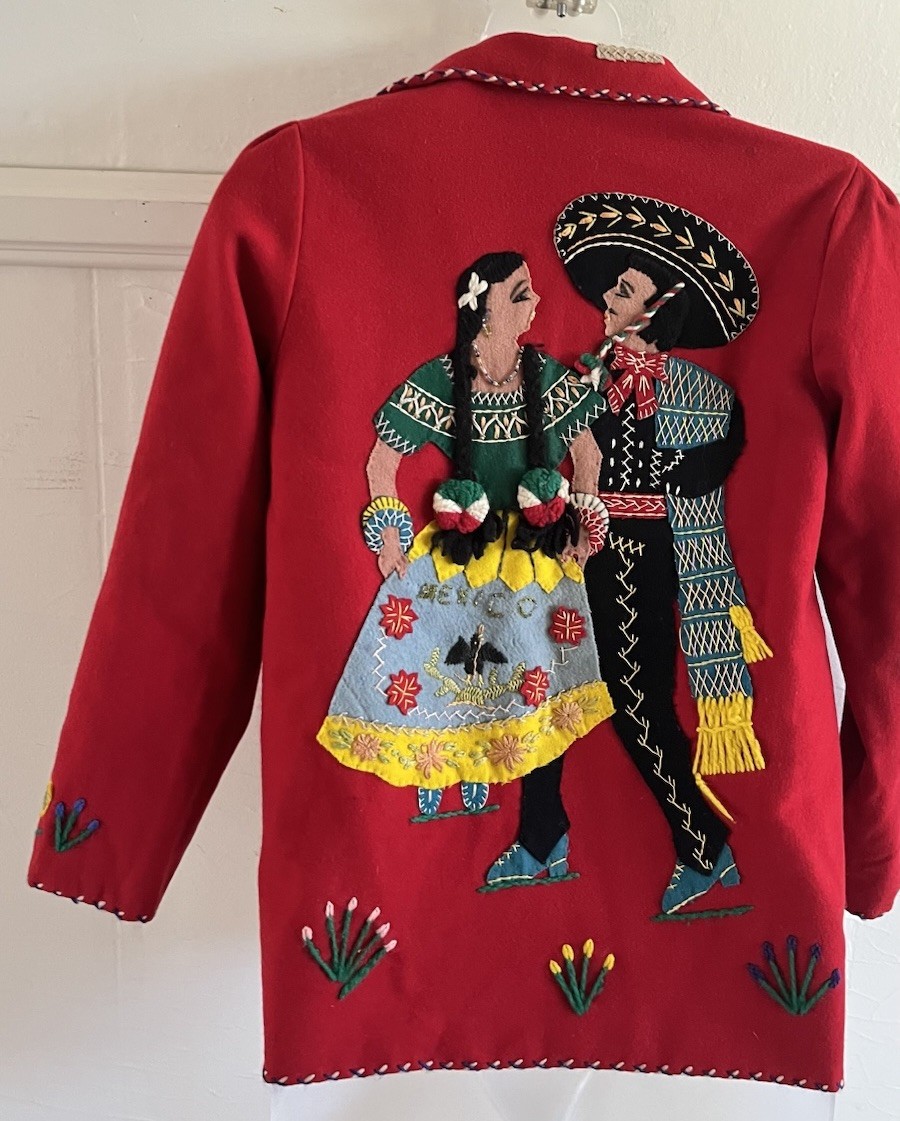Vtg LOPEZ 1940s Mexican Wool Embroidered Tourist Jacket Bright Red-Sz XS EUC!