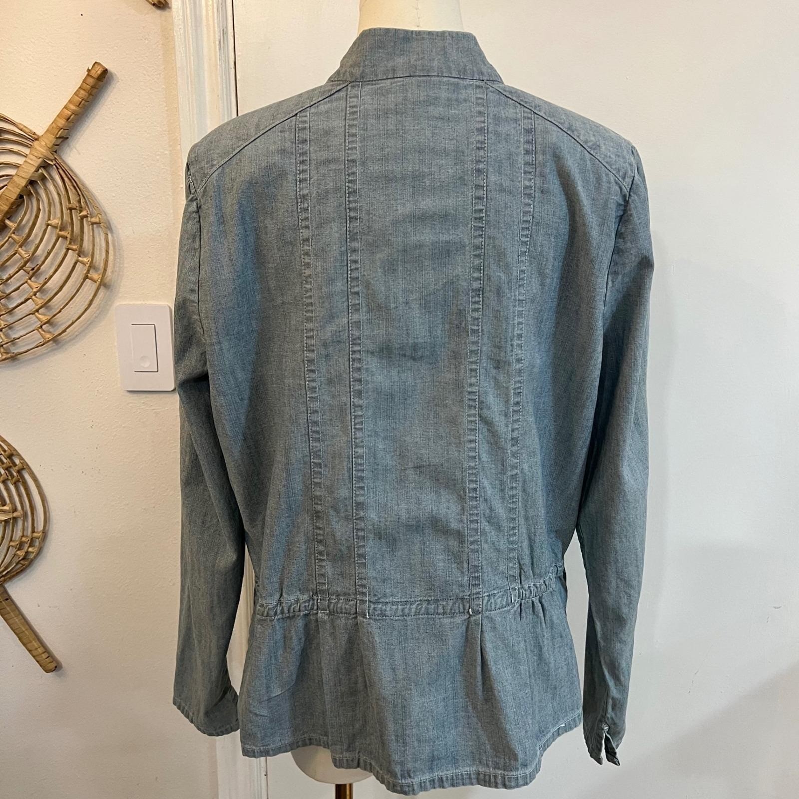 Vintage Chambray Frog Closure Jacket Mandarin Collar Tie Waist Minimalist 16